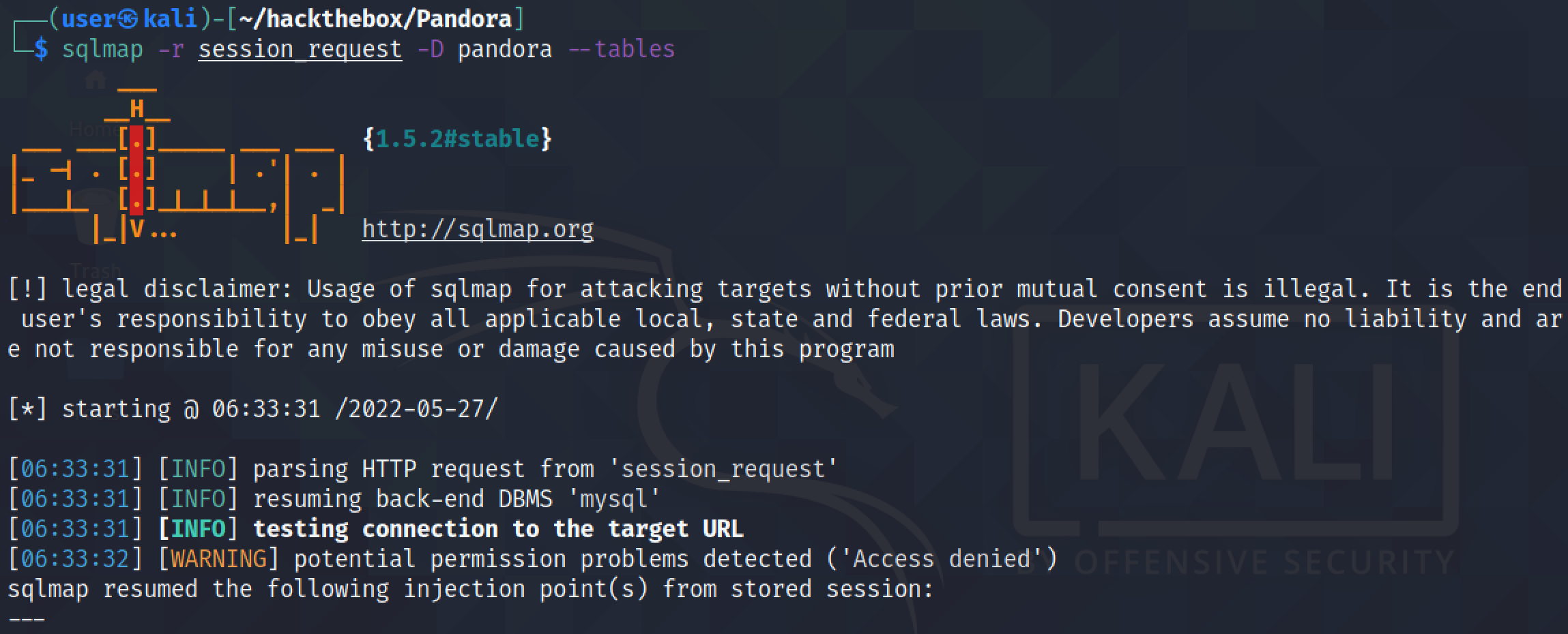 Running sqlmap to find tables in a database.