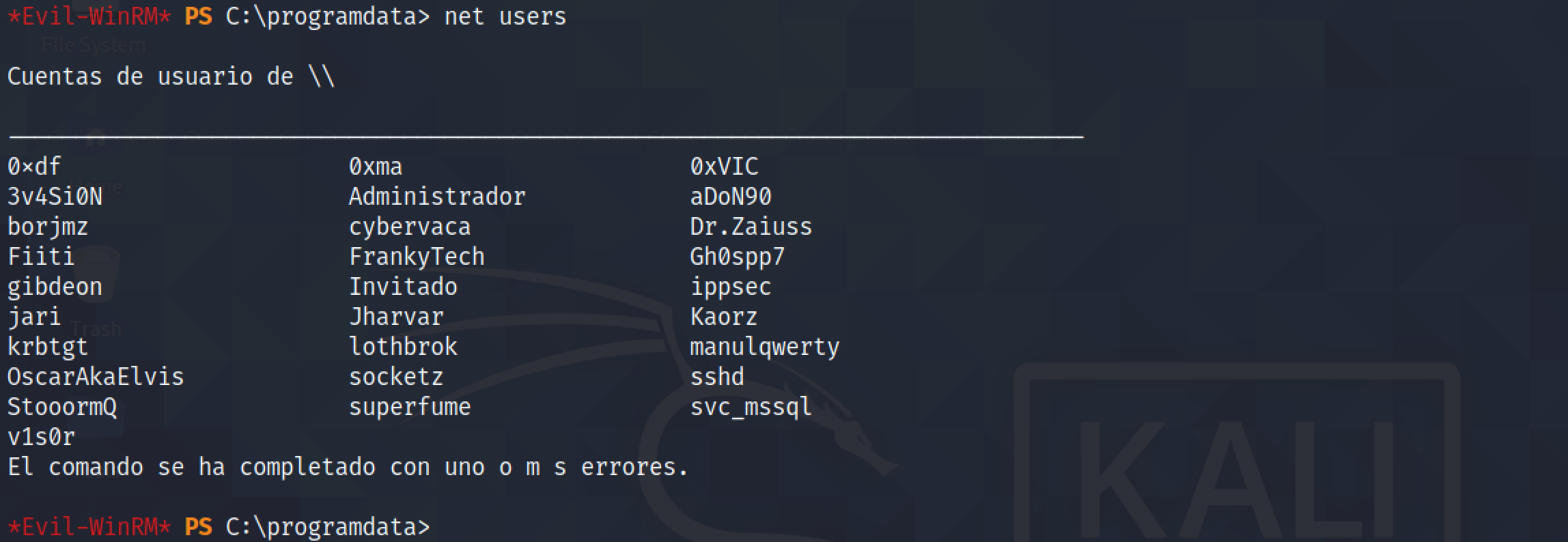 Running net users to list all the accounts on the system.