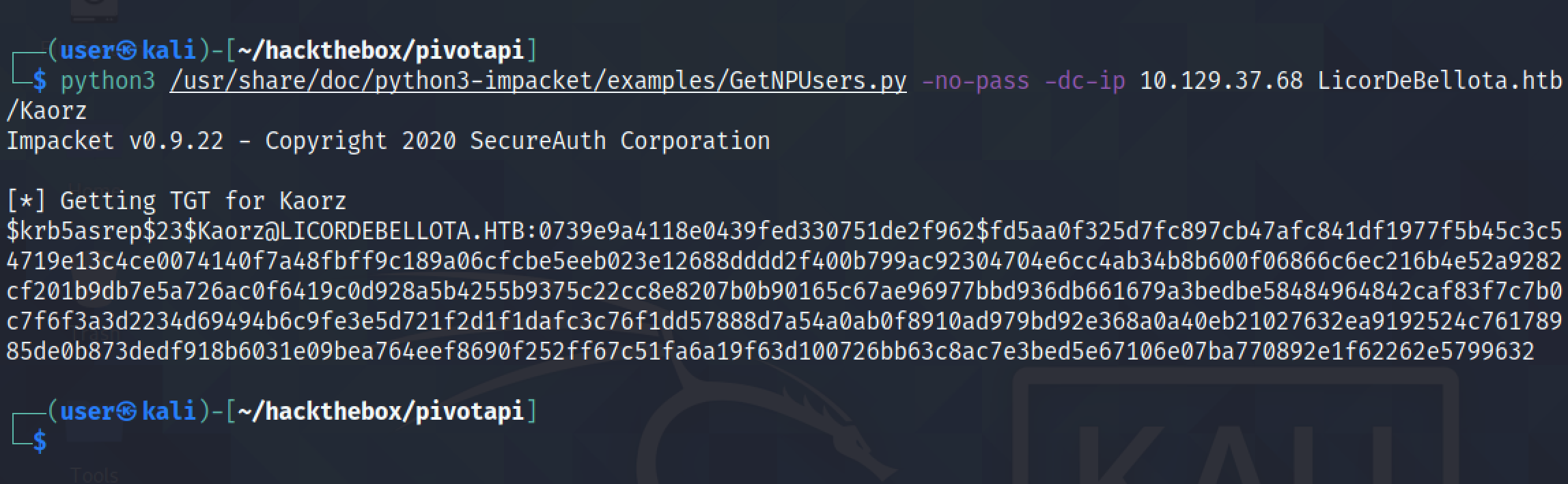 Running GetNPUsers.py to retrieve TGT for a user.