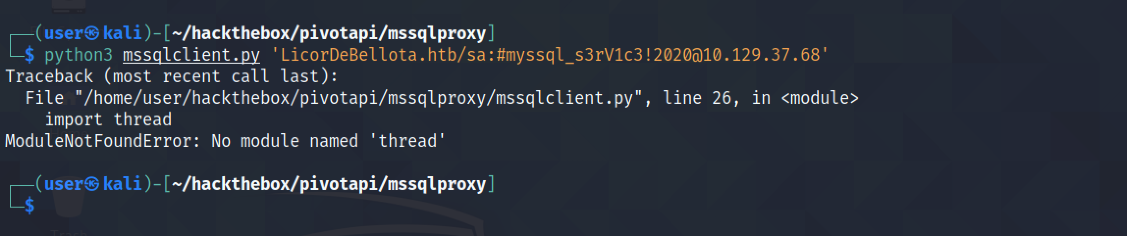 ModuleNotFoundError while trying to run the mssqlproxy tool.