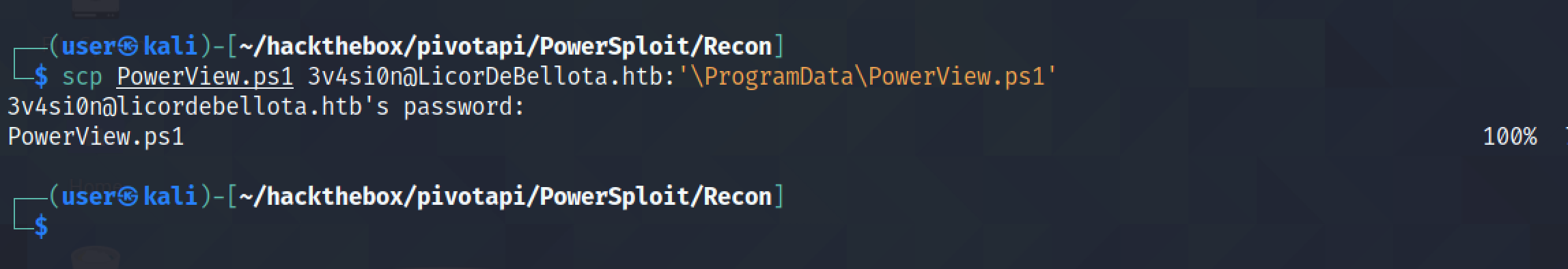 Copying the PowerView.ps1 script to the target using PowerView.ps1 script.
