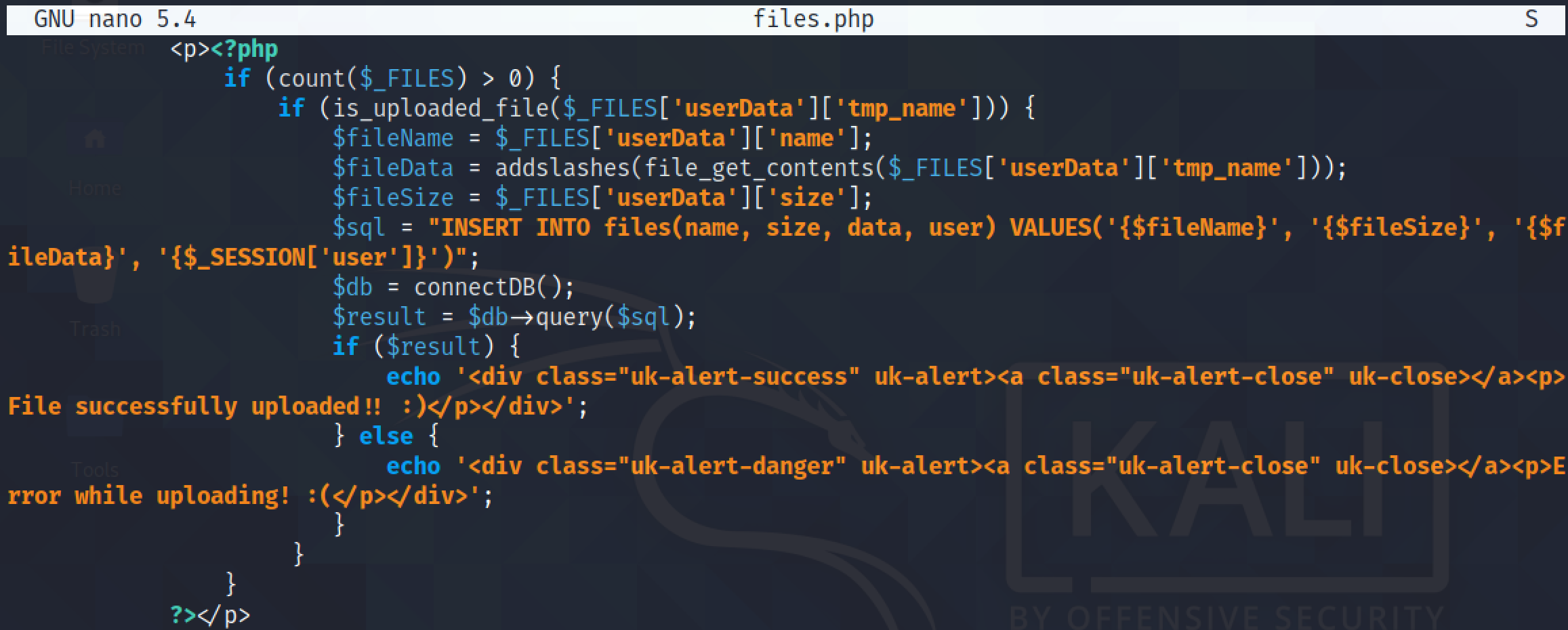 PHP code of the upload page.