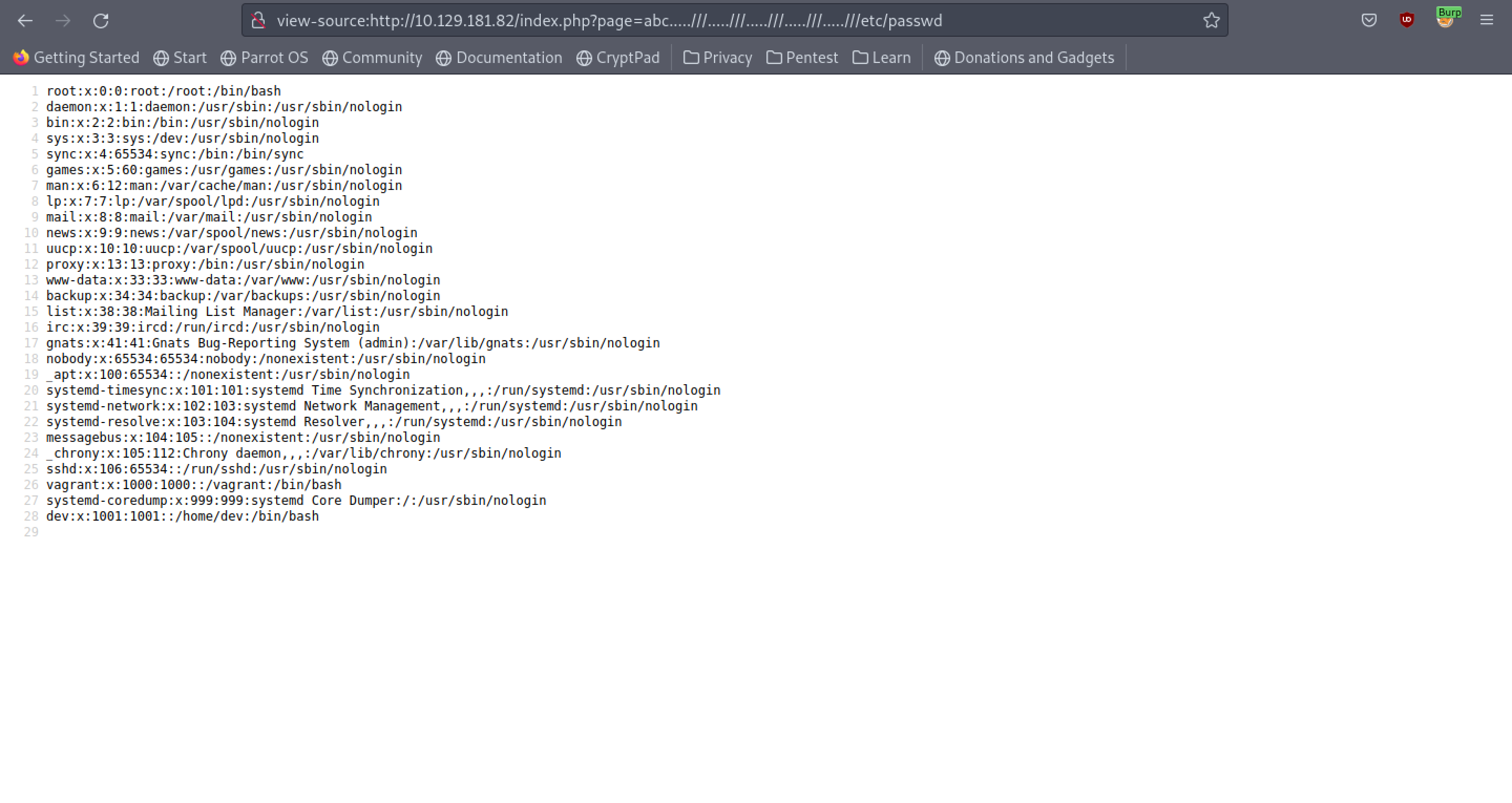 Reading the /etc/passwd file.