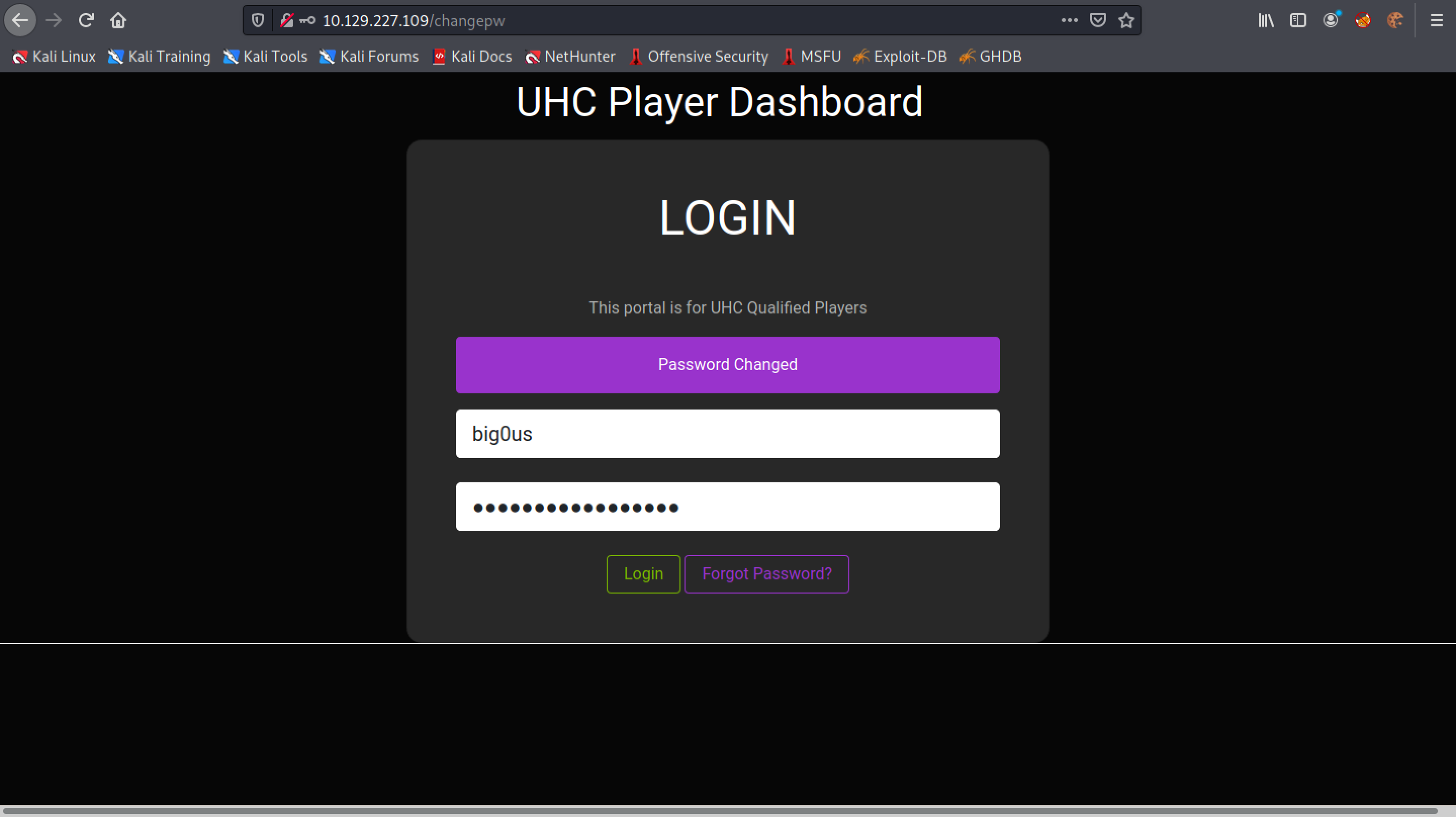 Logging in with the new password.