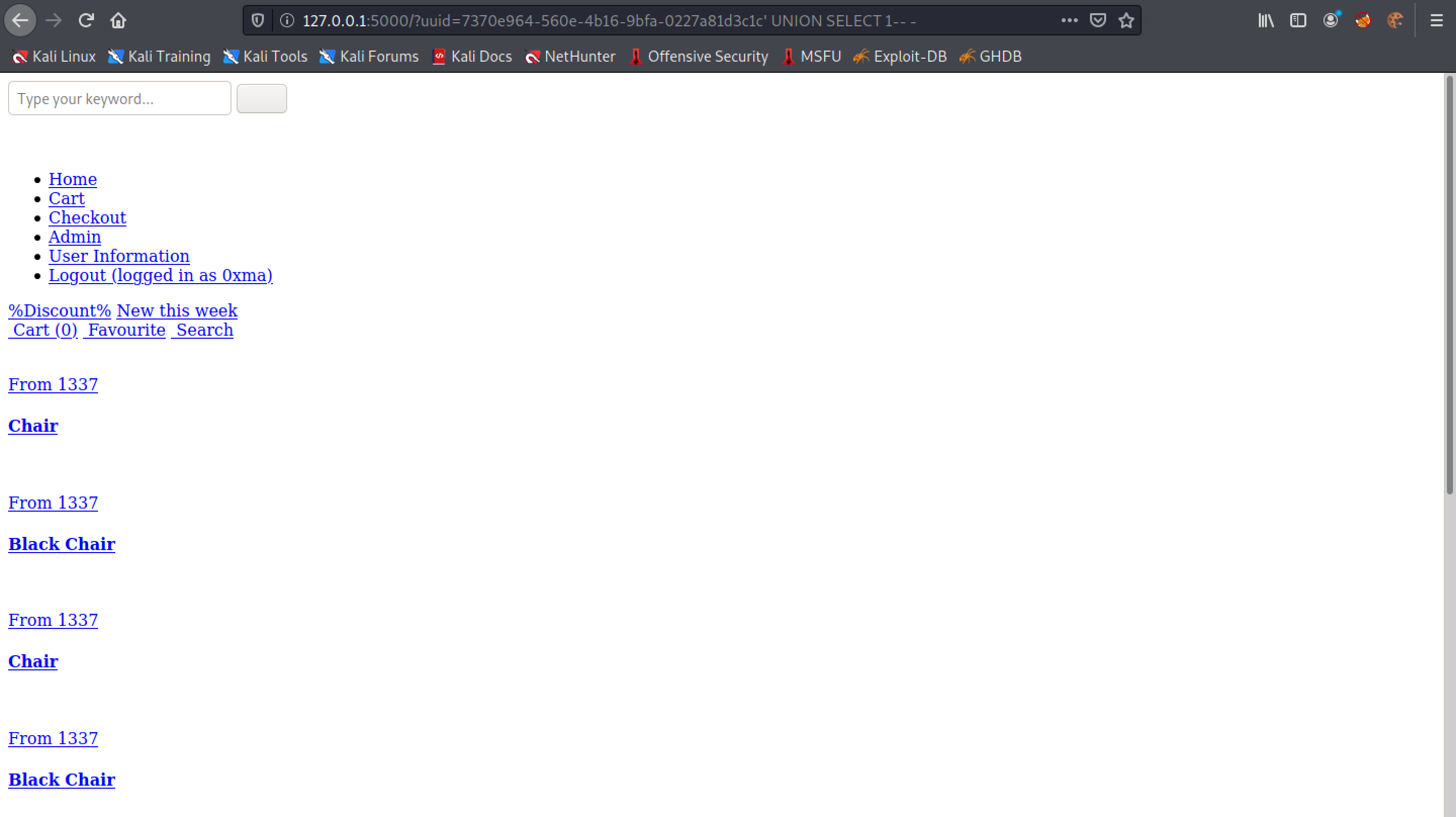 One column returned from the web application.