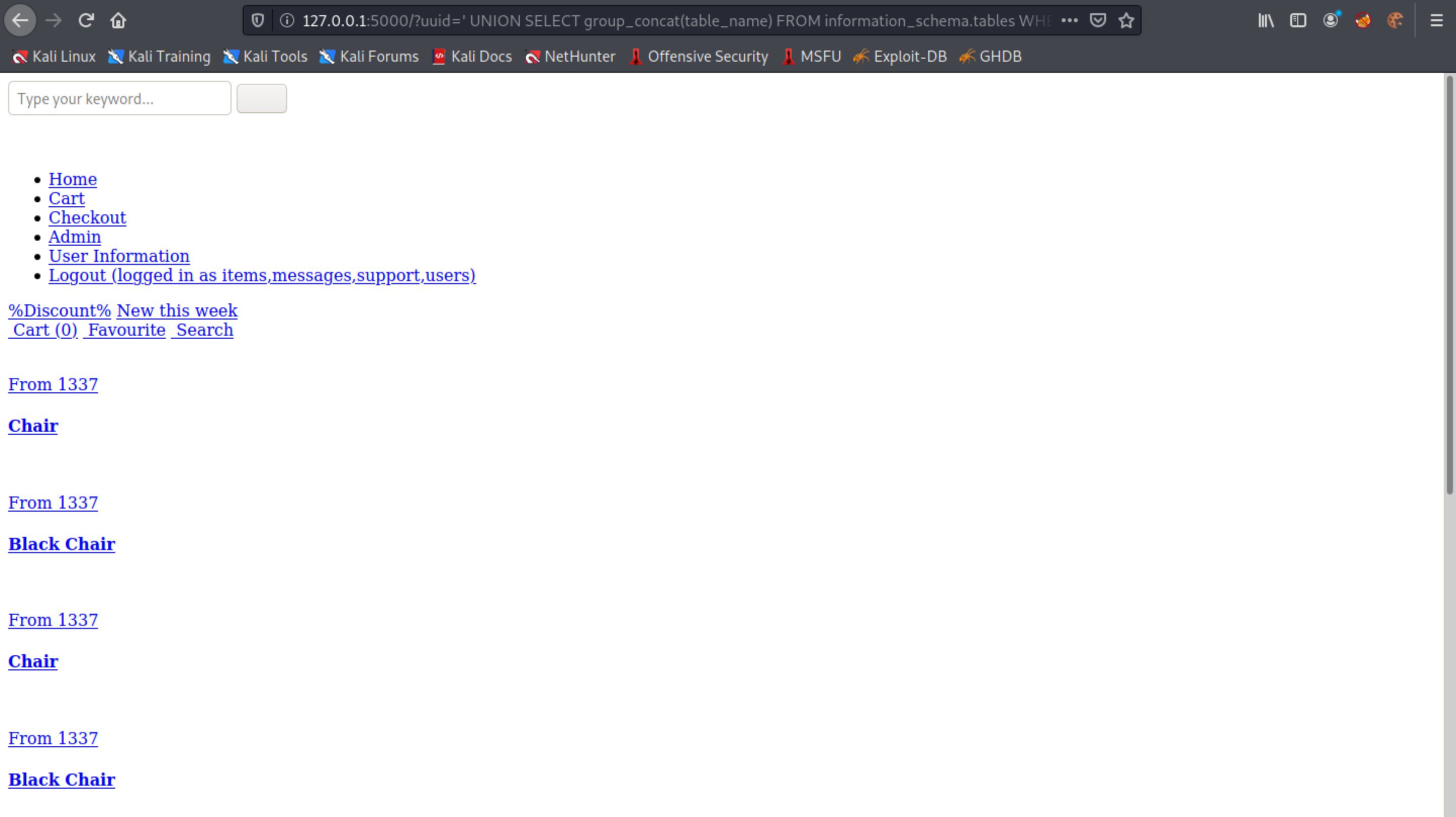 Returning the table names in the database using SQL injection.