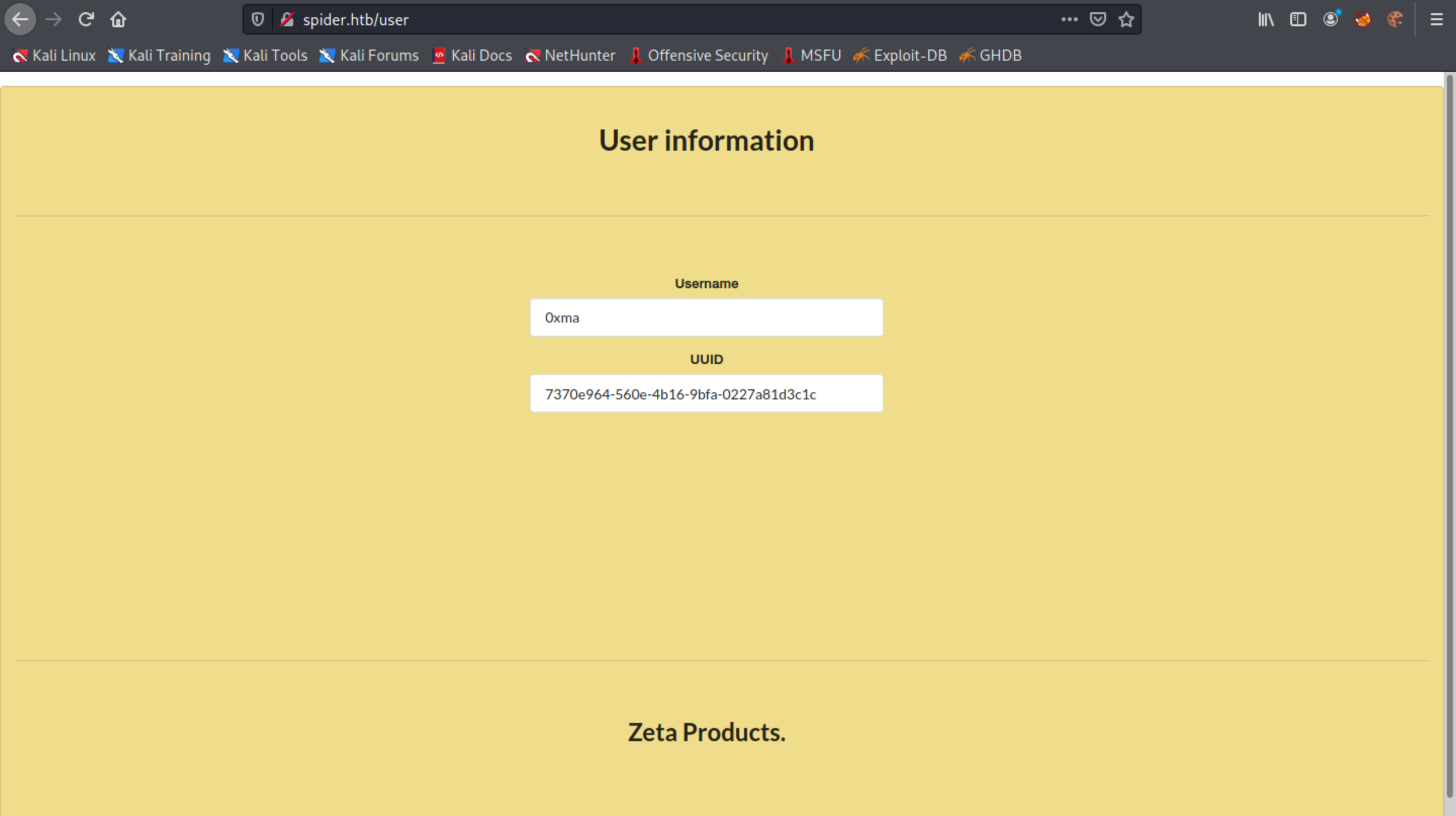 User information page.