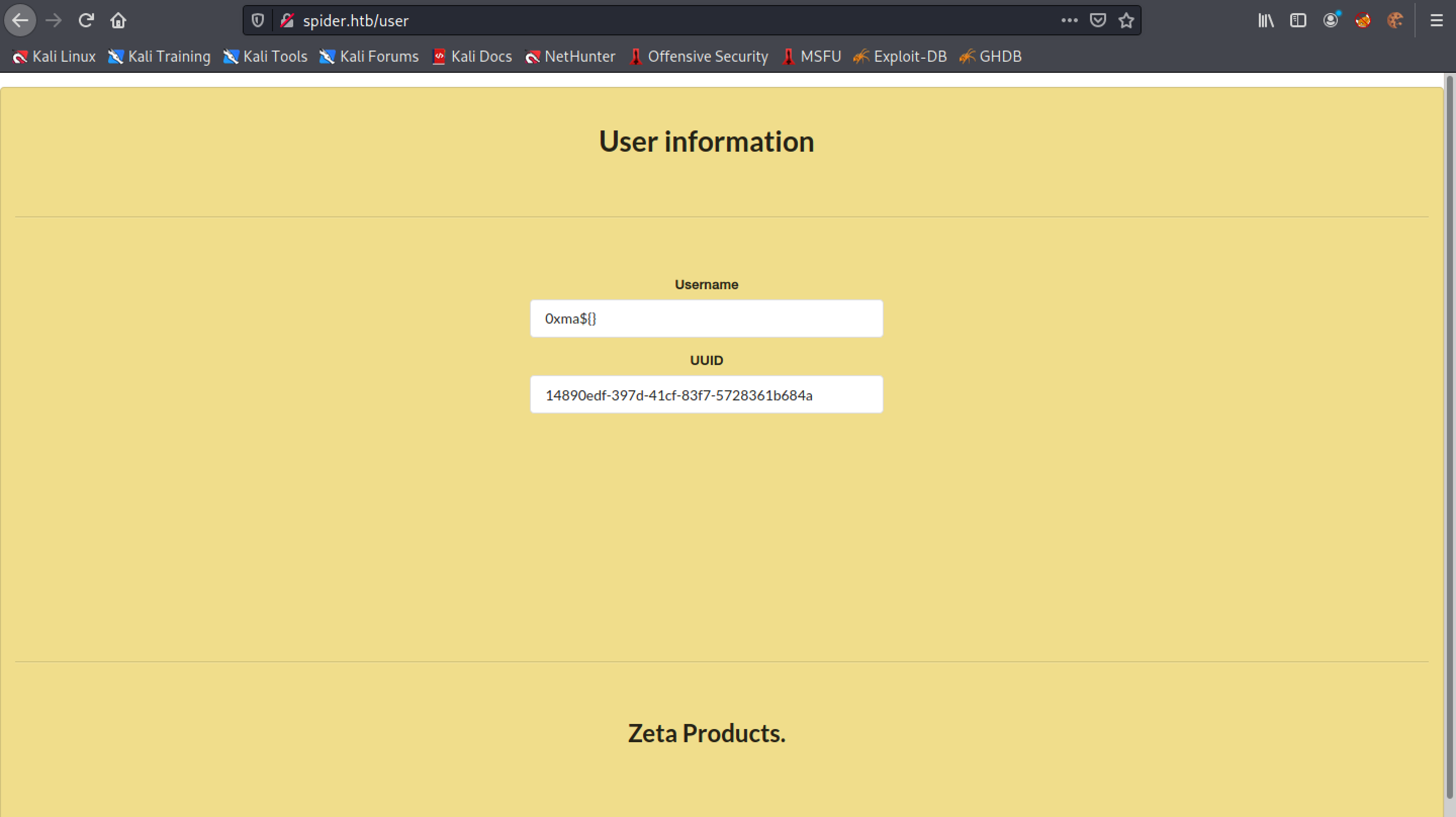 User information page.