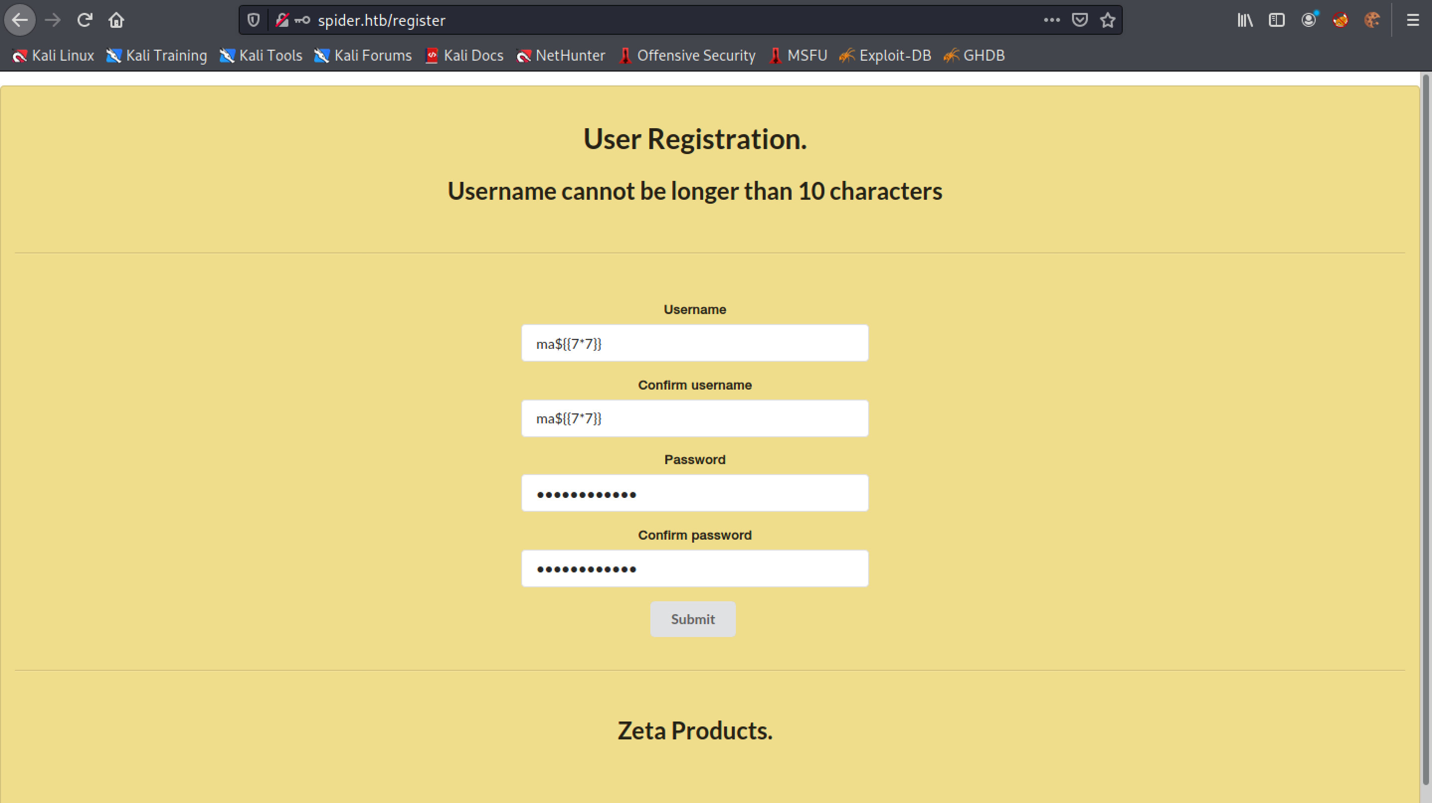 Registering a user with SSTI payload.