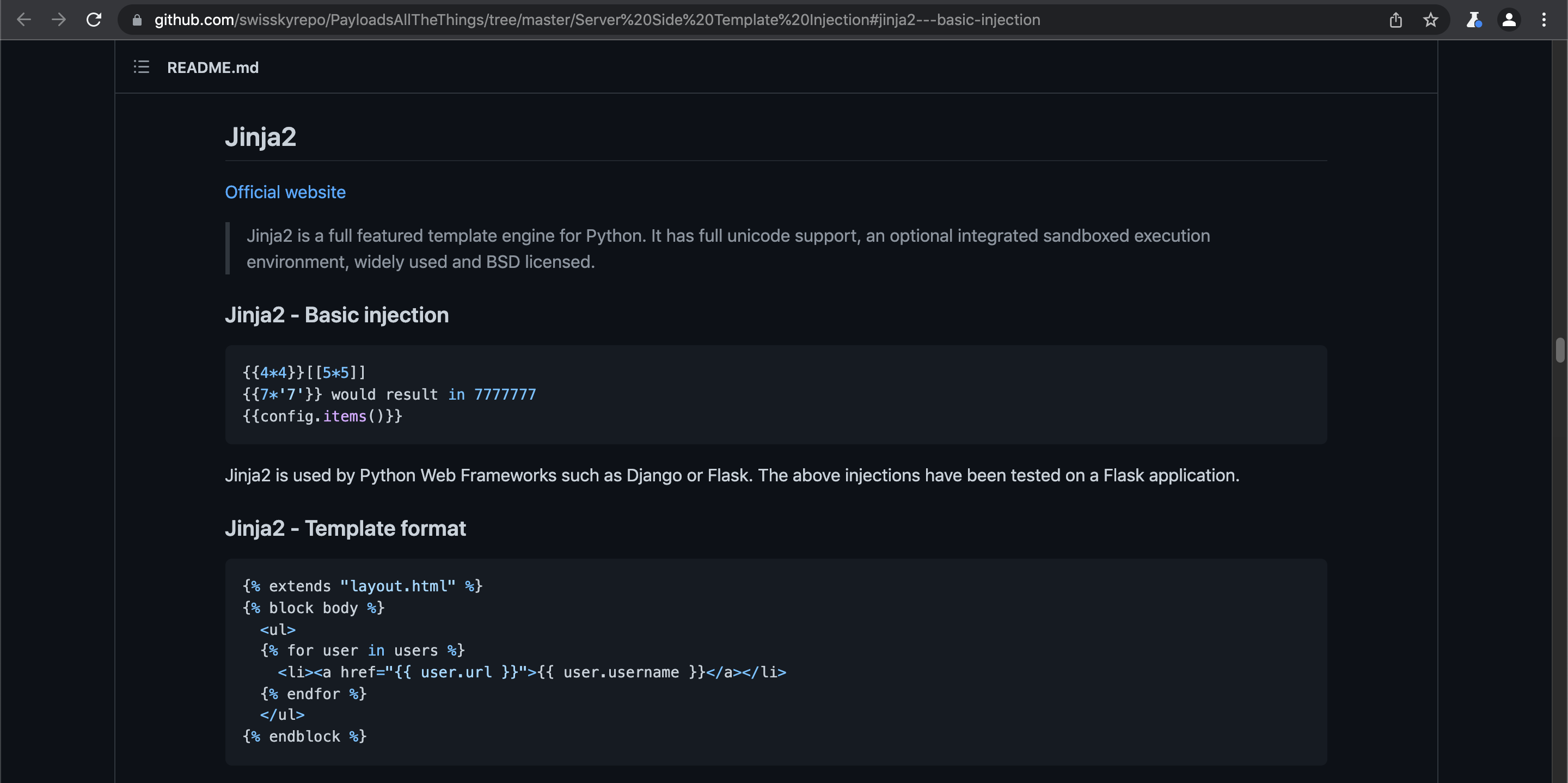 GitHub page for Jinja payloads.