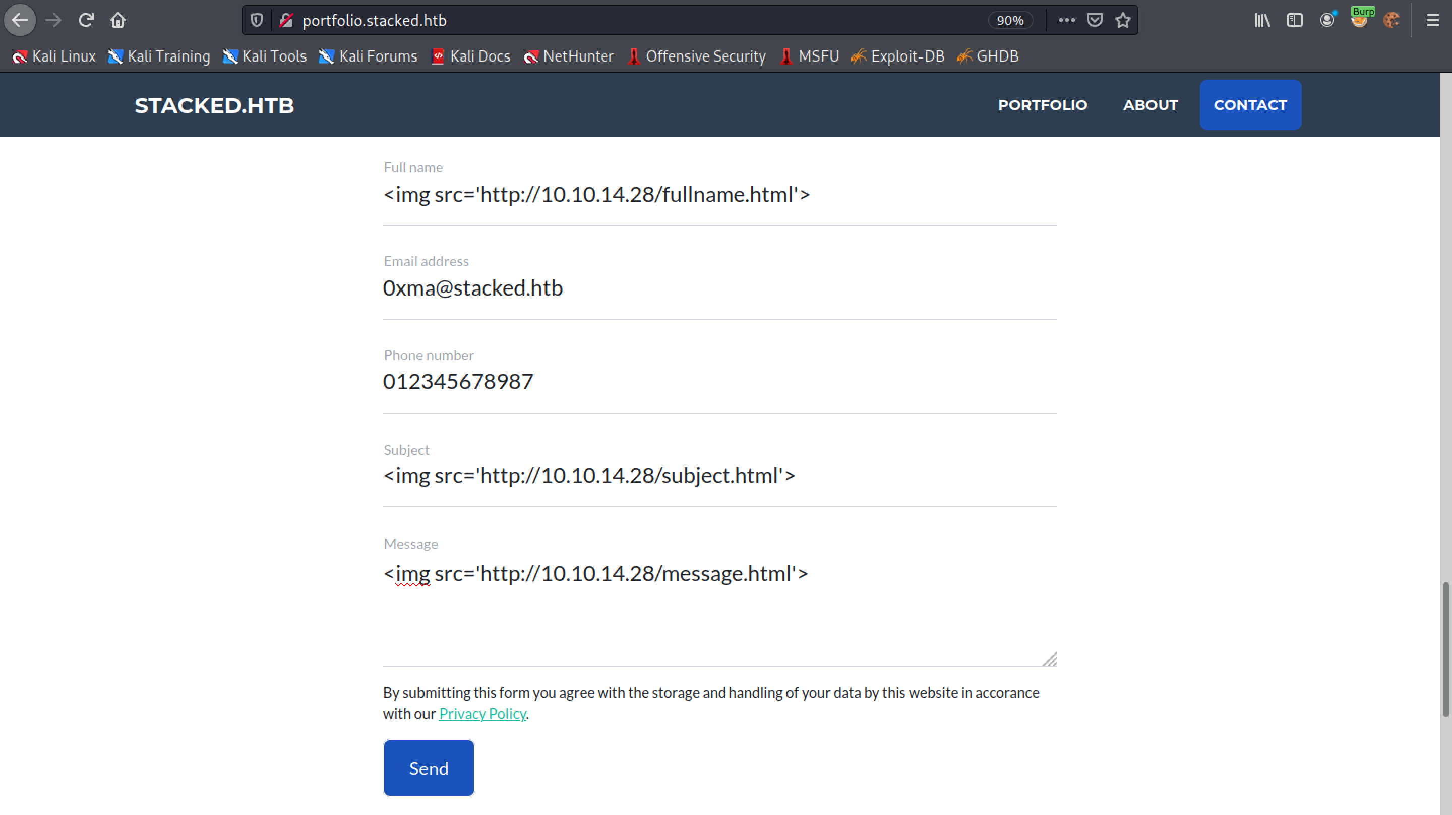Filling in the Contact Us form with some HTML tags.