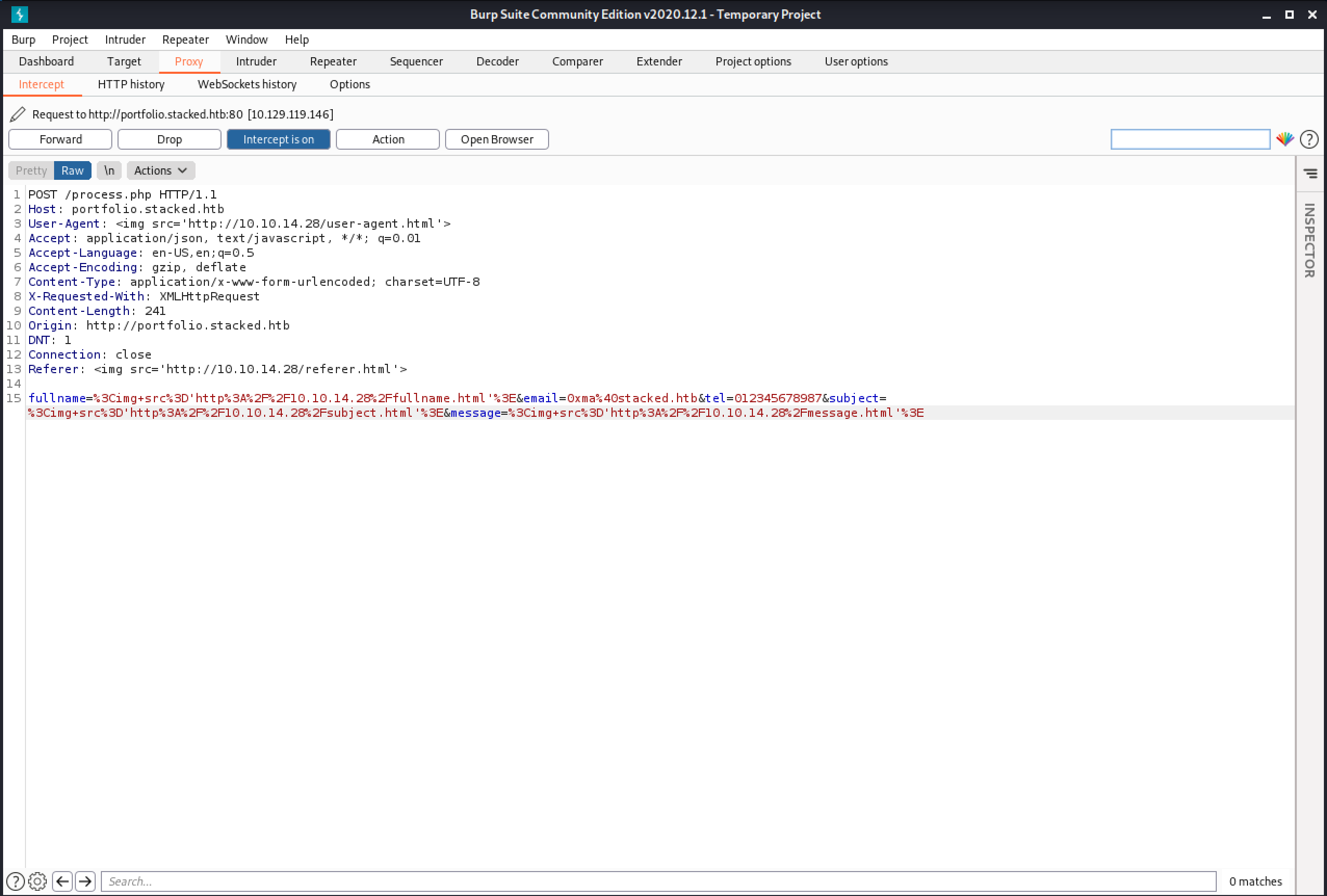 Modifying the request in Burp Suite.